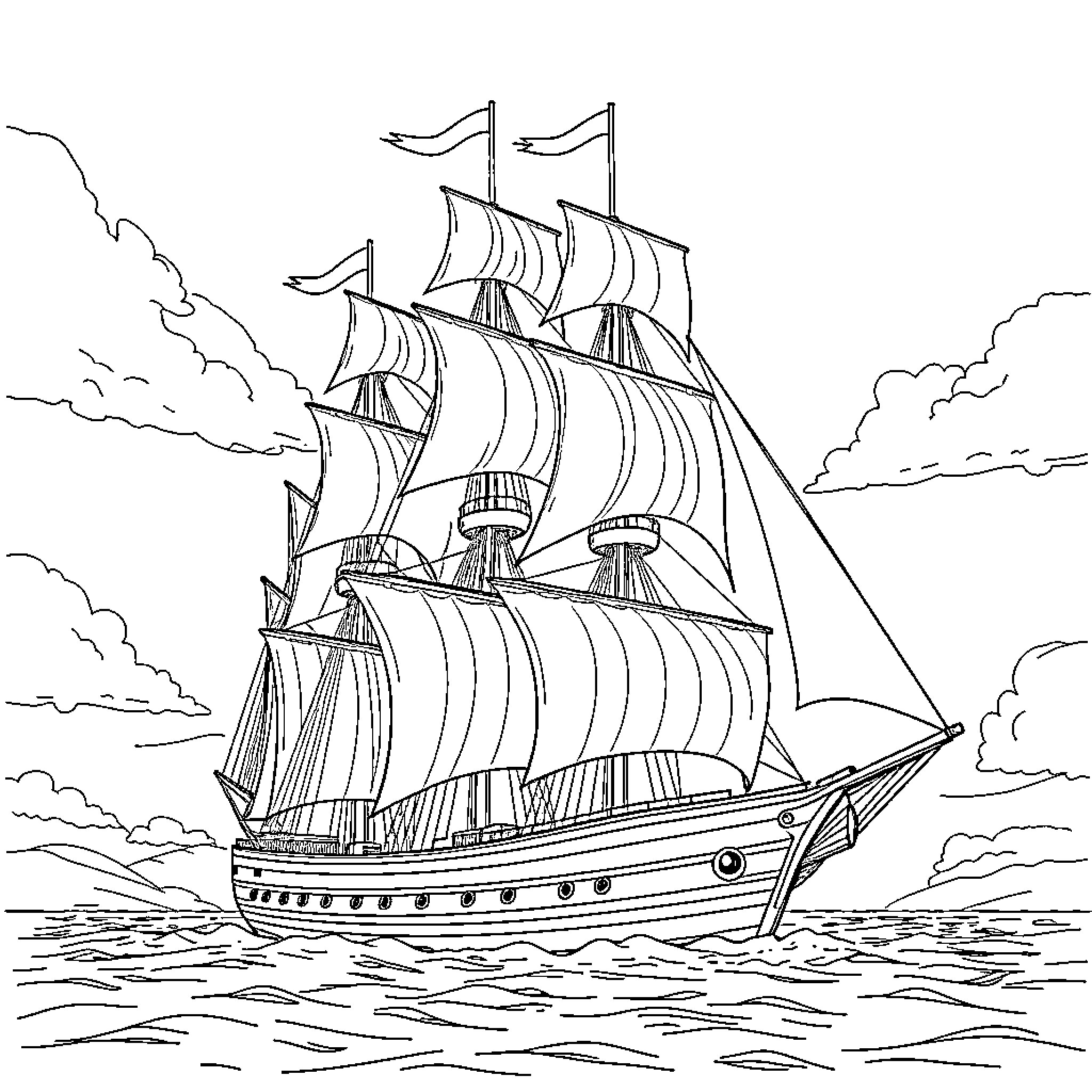 Sailing Ship Navigating Stormy Seas Coloring Page (free black-and-white line drawing printable PDF for all, from beginners to advanced learners, including children, teens, adults, and seniors)