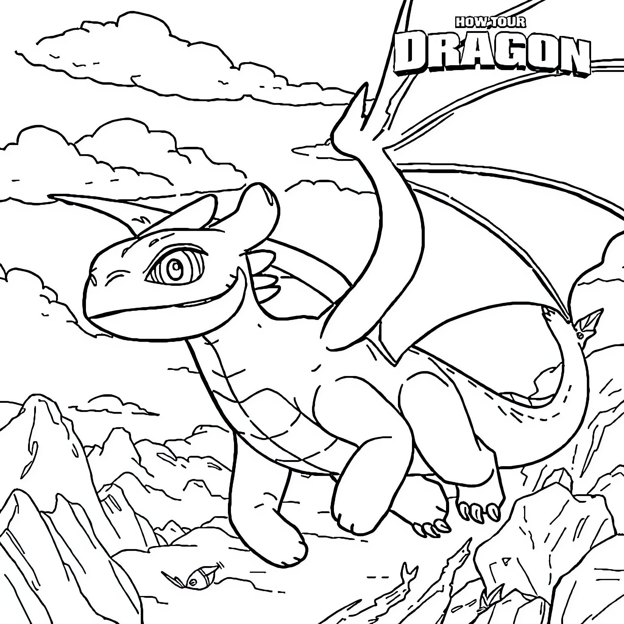 Dragon soaring through the sky above a rocky landscape Coloring Page (free black-and-white line drawing printable PDF for all, from beginners to advanced learners, including children, teens, adults, and seniors)