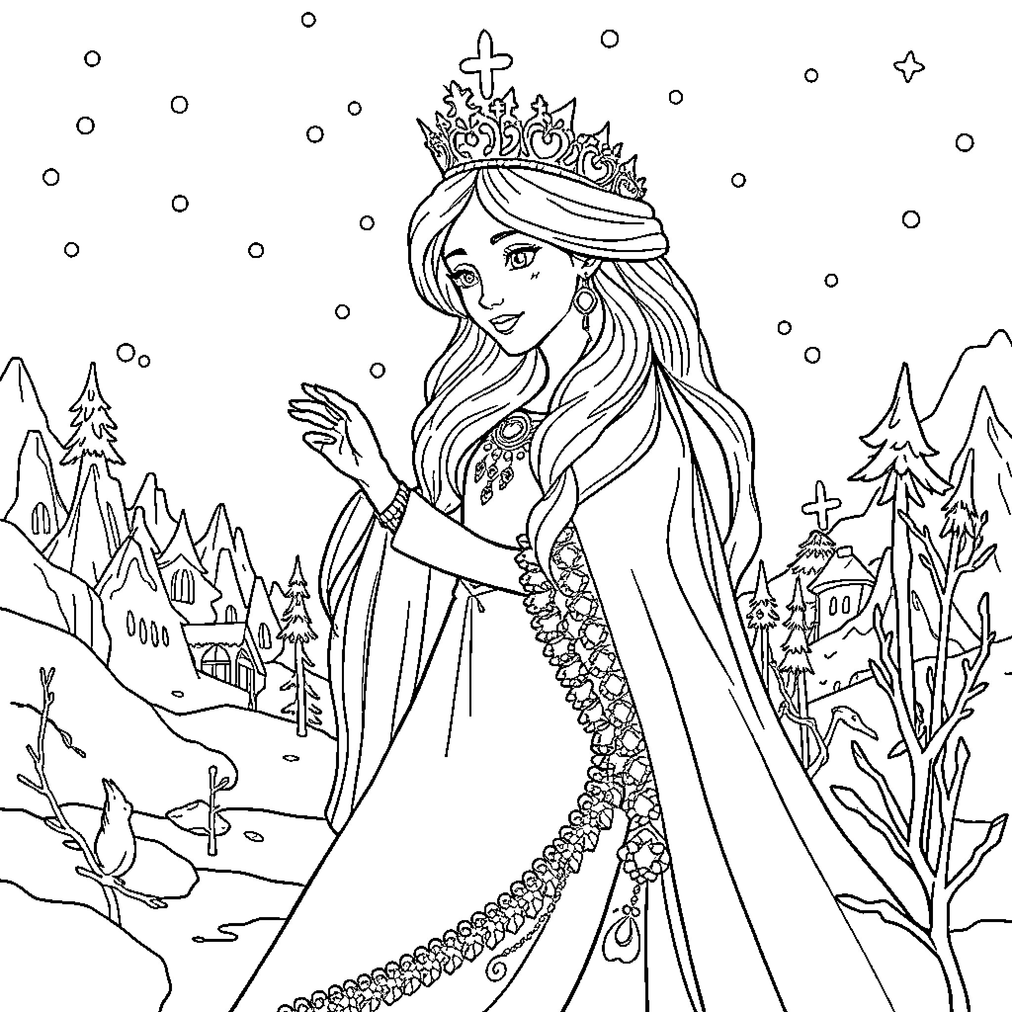 Snow Queen's Enchanting Winter Adventure Coloring Page (free black-and-white line drawing printable PDF for all, from beginners to advanced learners, including children, teens, adults, and seniors)