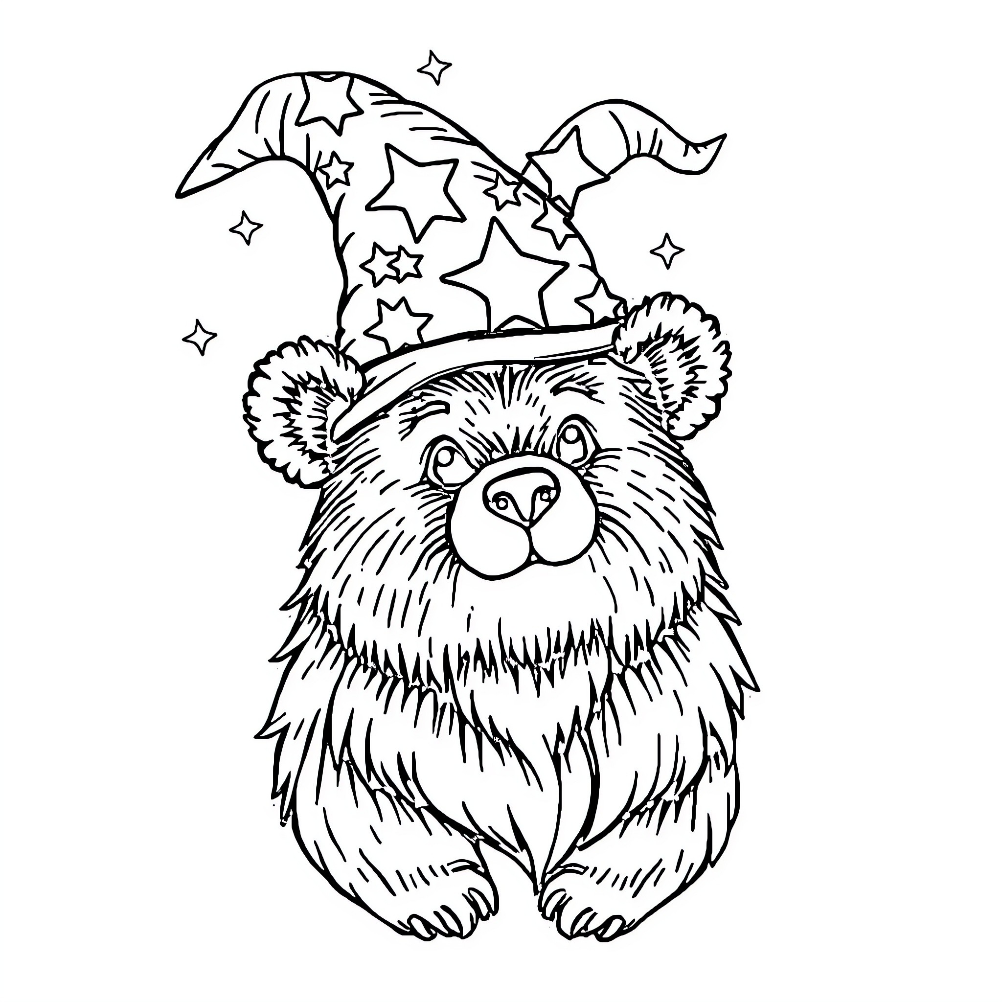 Bear in Whimsical Wizard Hat with Stars Coloring Page (free black-and-white line drawing printable PDF for all, from beginners to advanced learners, including children, teens, adults, and seniors)