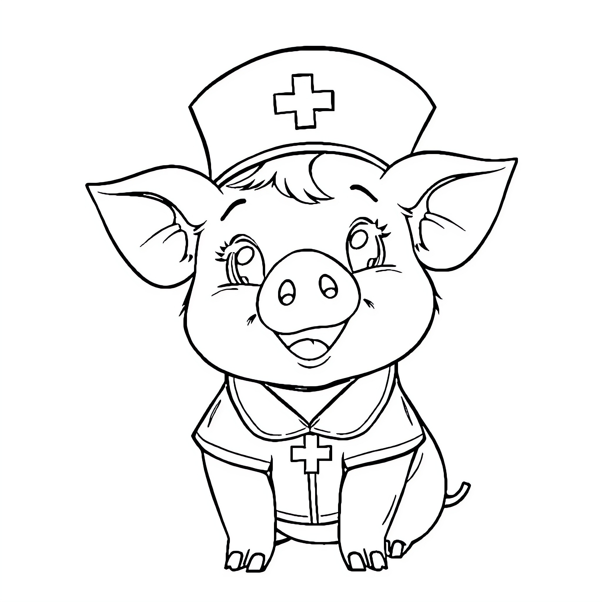 Pig dressed as a nurse with a cheerful expression Coloring Page (free black-and-white line drawing printable PDF for all, from beginners to advanced learners, including children, teens, adults, and seniors)