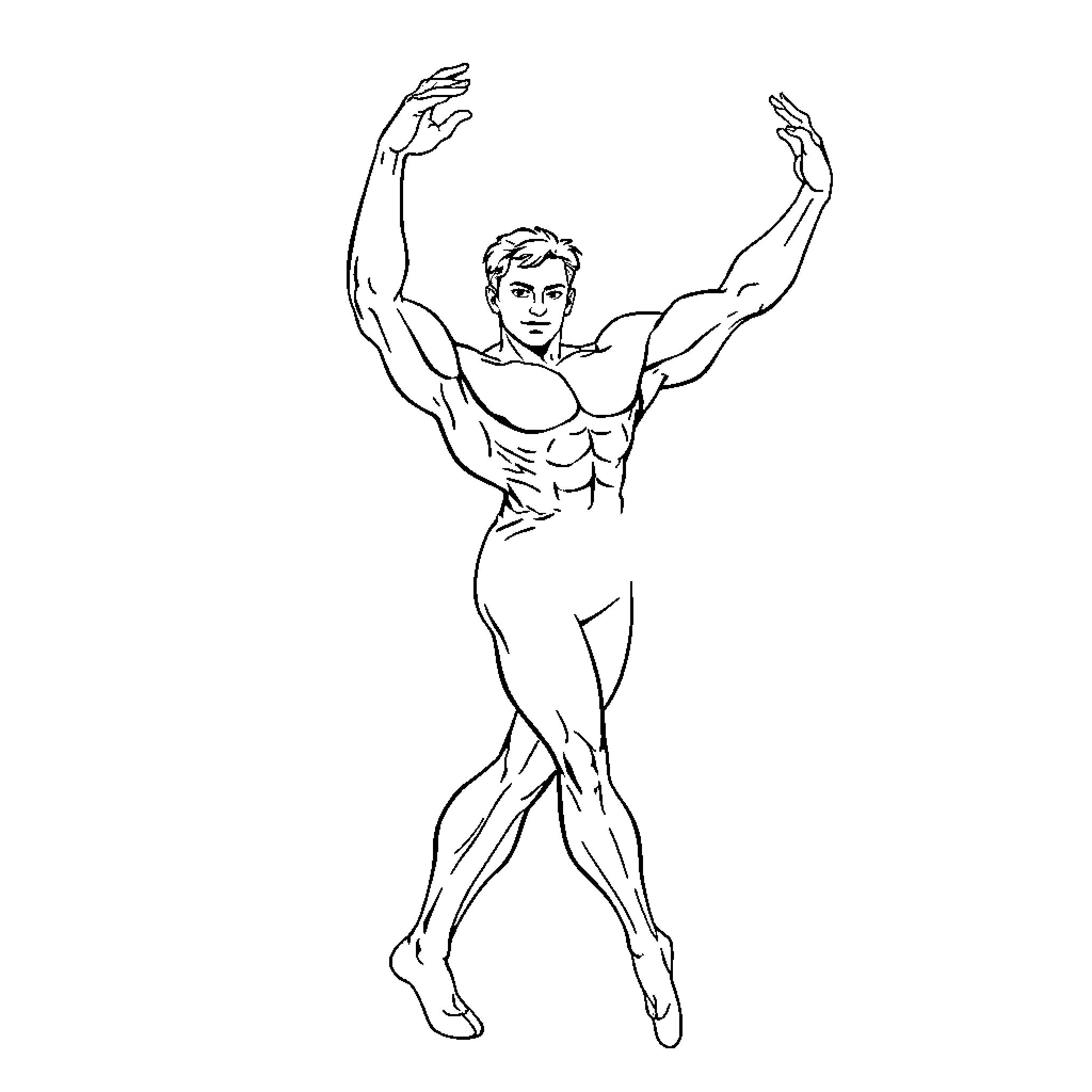 Muscle Man striking heroic pose Coloring Page (free black-and-white line drawing printable PDF for all, from beginners to advanced learners, including children, teens, adults, and seniors)