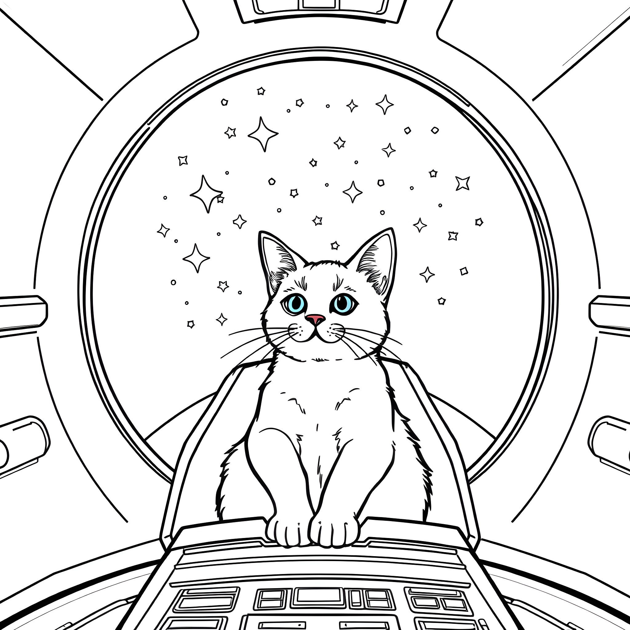 Cat gazing at the starry night through the spacecraft window Coloring Page (free black-and-white line drawing printable PDF for all, from beginners to advanced learners, including children, teens, adults, and seniors)