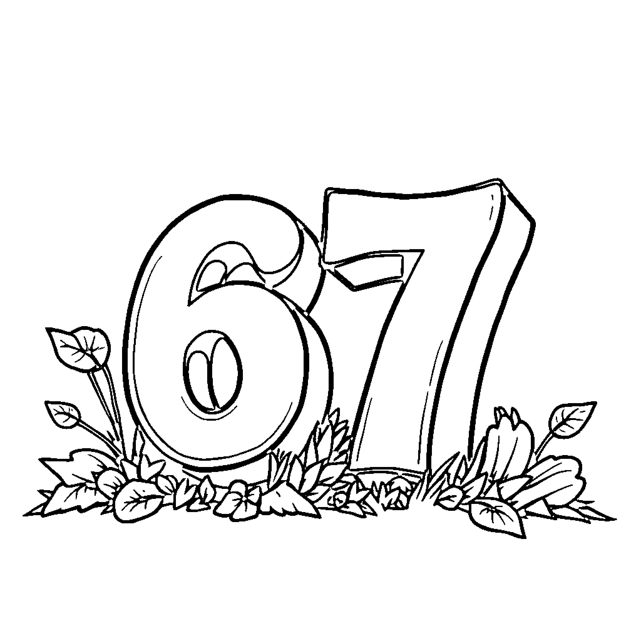 67 Playful numeric illustration with floral elements Coloring Page (free black-and-white line drawing printable PDF for all, from beginners to advanced learners, including children, teens, adults, and seniors)