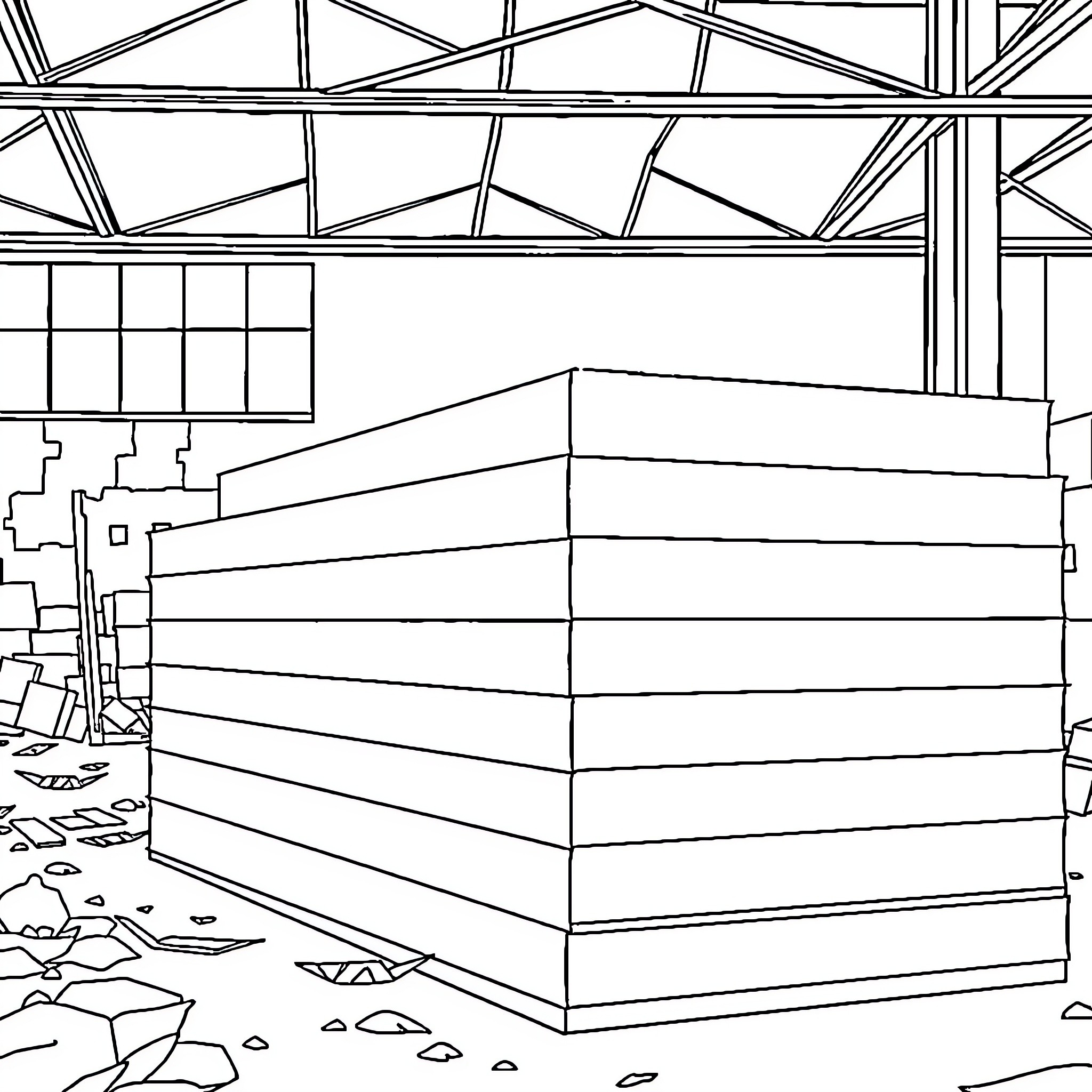 Lotus Warehouse with Geometric Architecture Coloring Page (free black-and-white line drawing printable PDF for all, from beginners to advanced learners, including children, teens, adults, and seniors)