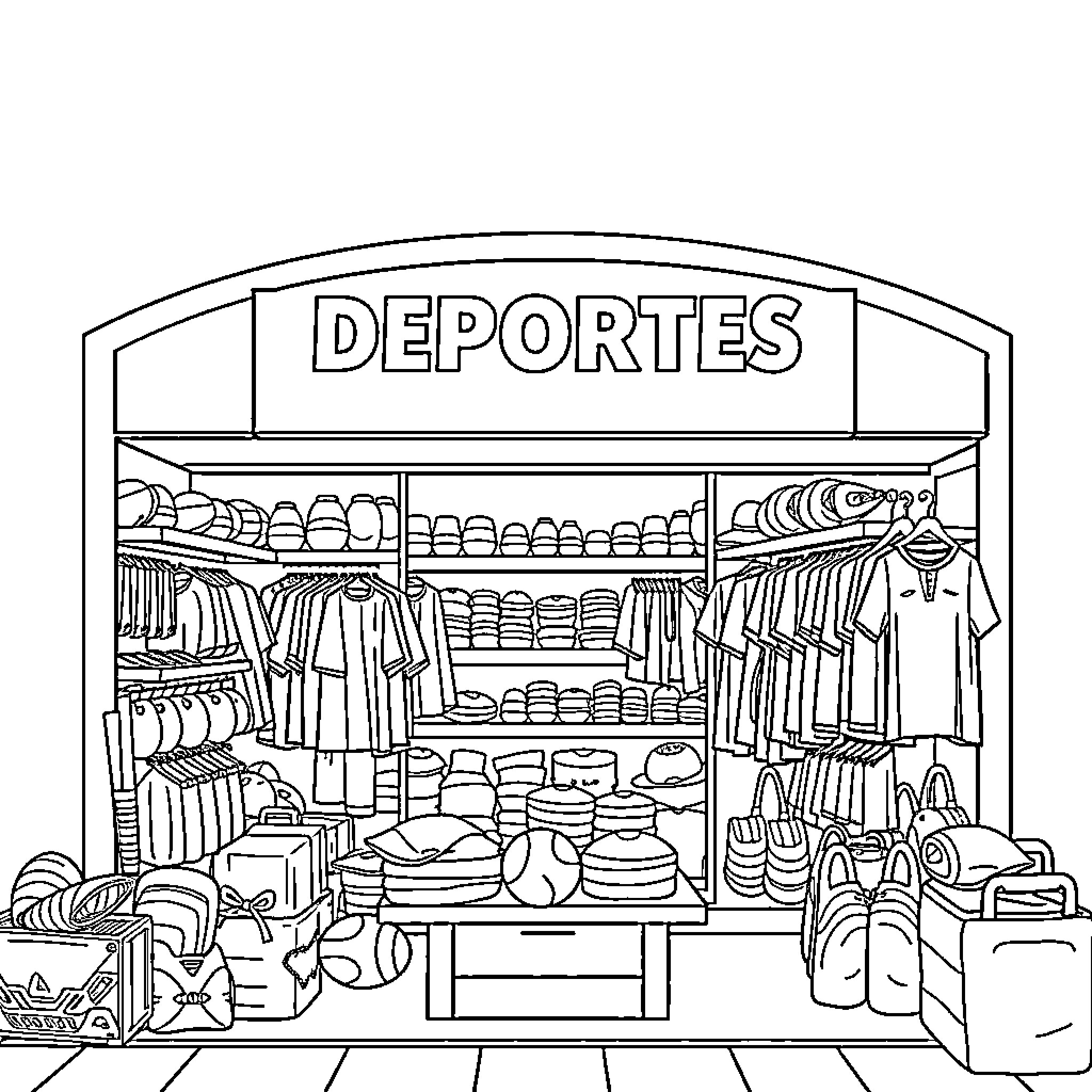 Insignia Sports Equipment Store Display Coloring Page (free black-and-white line drawing printable PDF for all, from beginners to advanced learners, including children, teens, adults, and seniors)