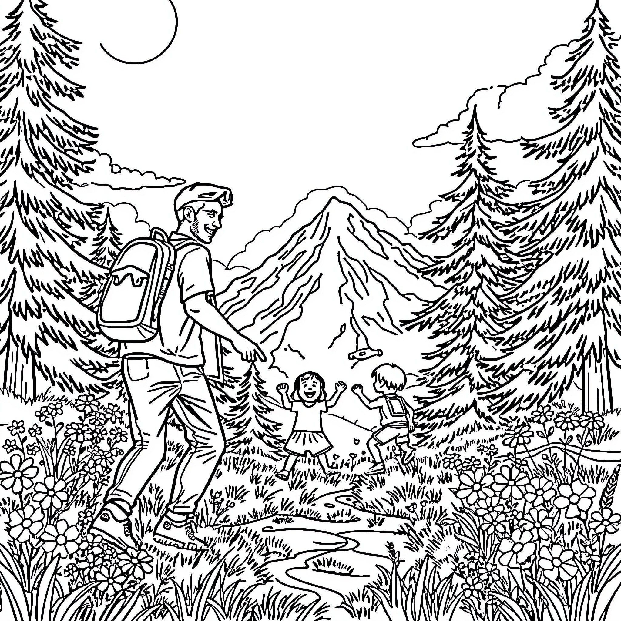 Man enjoying hiking with children in nature Coloring Page (free black-and-white line drawing printable PDF for all, from beginners to advanced learners, including children, teens, adults, and seniors)