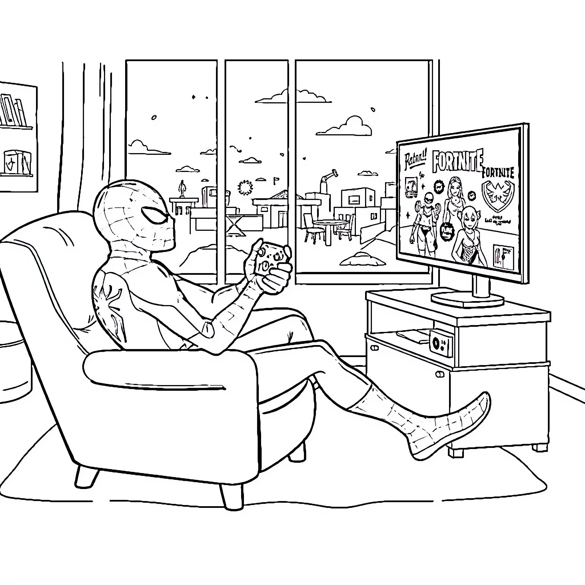 Spider-Man relaxing and playing video games at home Coloring Page (free black-and-white line drawing printable PDF for all, from beginners to advanced learners, including children, teens, adults, and seniors)