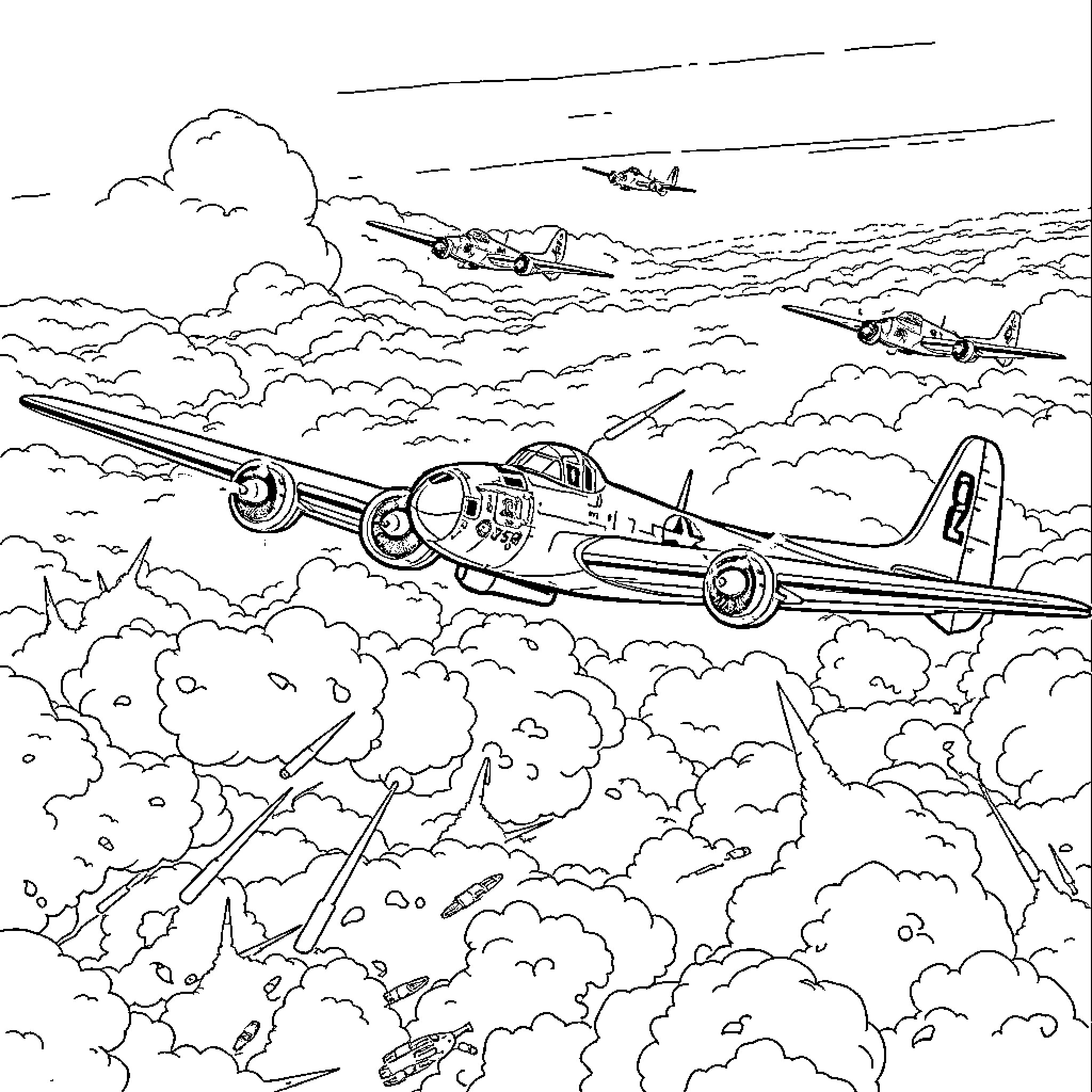 B17 Bombers Soaring Through Clouds During Wartime Coloring Page (free black-and-white line drawing printable PDF for all, from beginners to advanced learners, including children, teens, adults, and seniors)