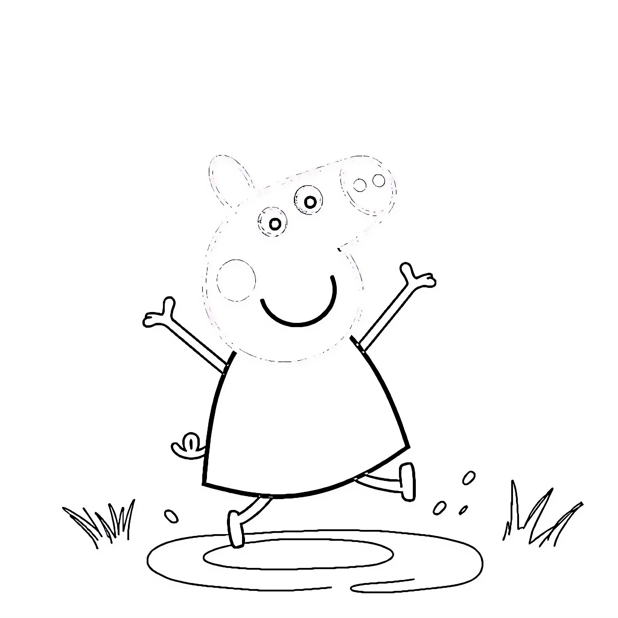 Peppa Pig jumping with joy in the meadow Coloring Page (free black-and-white line drawing printable PDF for all, from beginners to advanced learners, including children, teens, adults, and seniors)