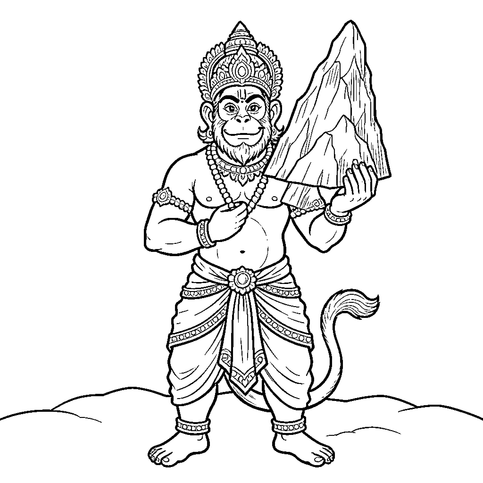Hanuman holding a large mountain with a calm expression Coloring Page (free black-and-white line drawing printable PDF for all, from beginners to advanced learners, including children, teens, adults, and seniors)