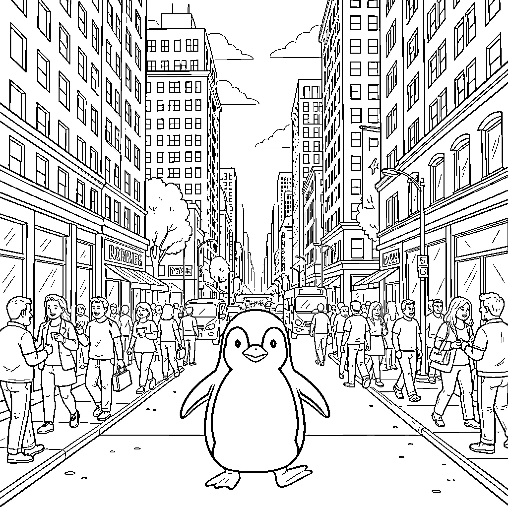 Pingu walking through a busy city street scene Coloring Page (free black-and-white line drawing printable PDF for all, from beginners to advanced learners, including children, teens, adults, and seniors)