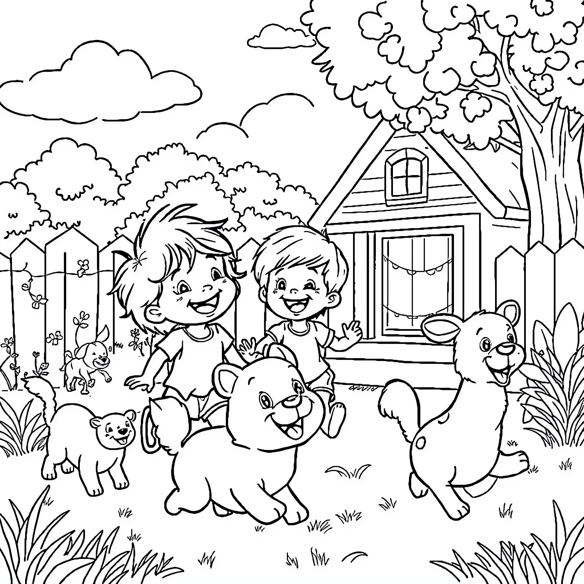 Kid playing happily with pets in the yard Coloring Page (free black-and-white line drawing printable PDF for all, from beginners to advanced learners, including children, teens, adults, and seniors)