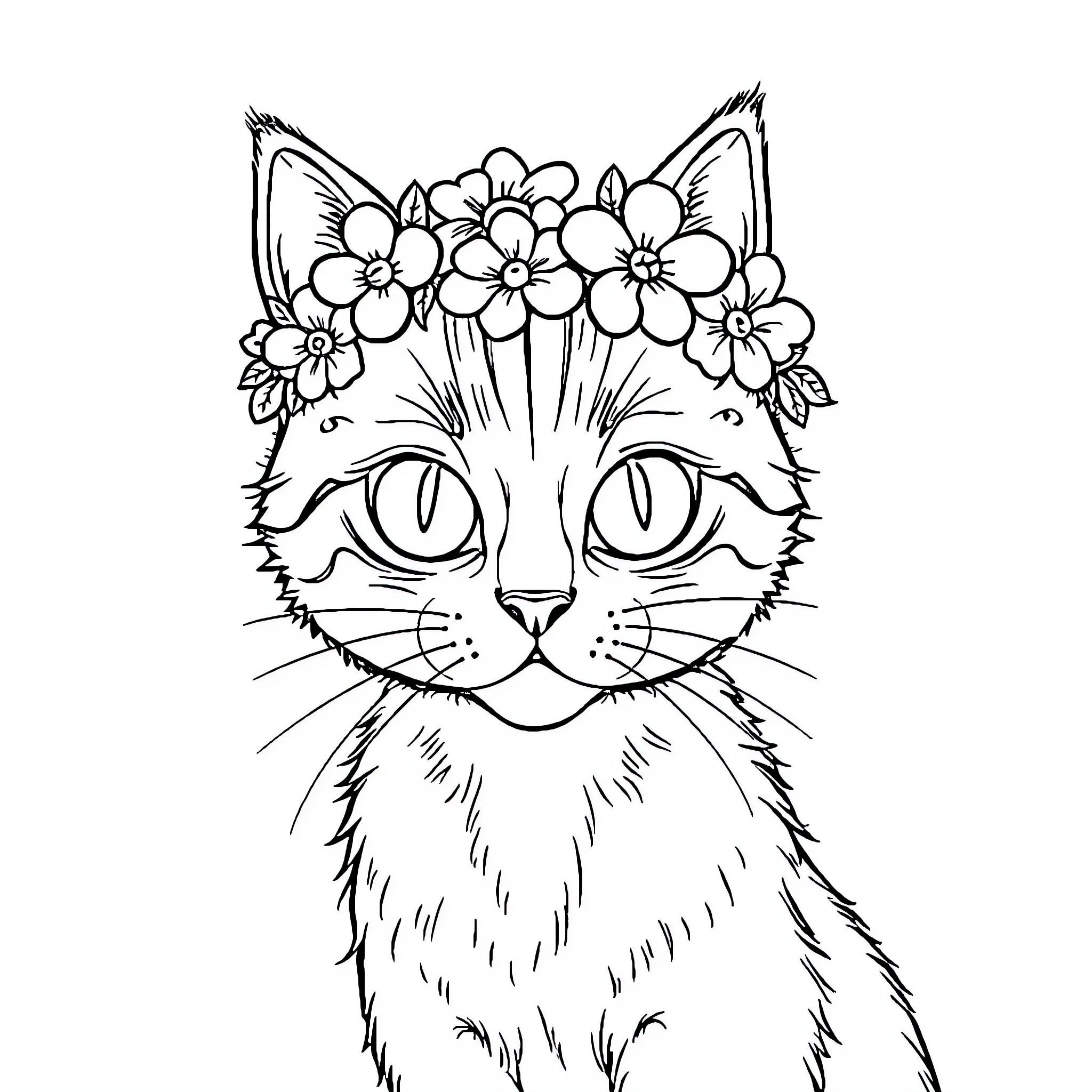 Chat with Floral Feline Friend Coloring Page (free black-and-white line drawing printable PDF for all, from beginners to advanced learners, including children, teens, adults, and seniors)