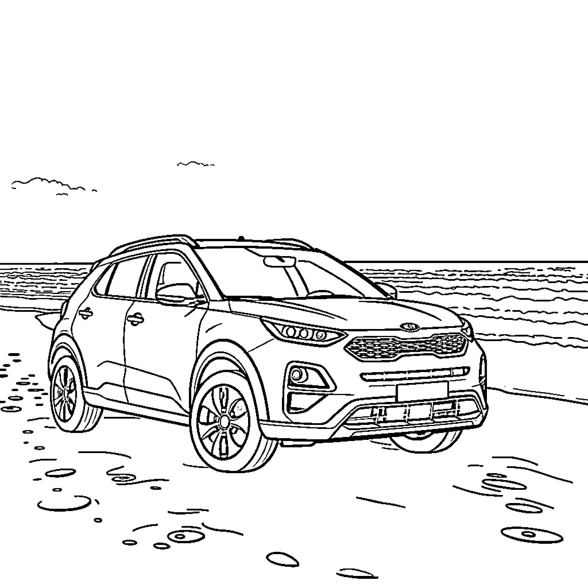 Kia SUV exploring the beach landscape Coloring Page (free black-and-white line drawing printable PDF for all, from beginners to advanced learners, including children, teens, adults, and seniors)