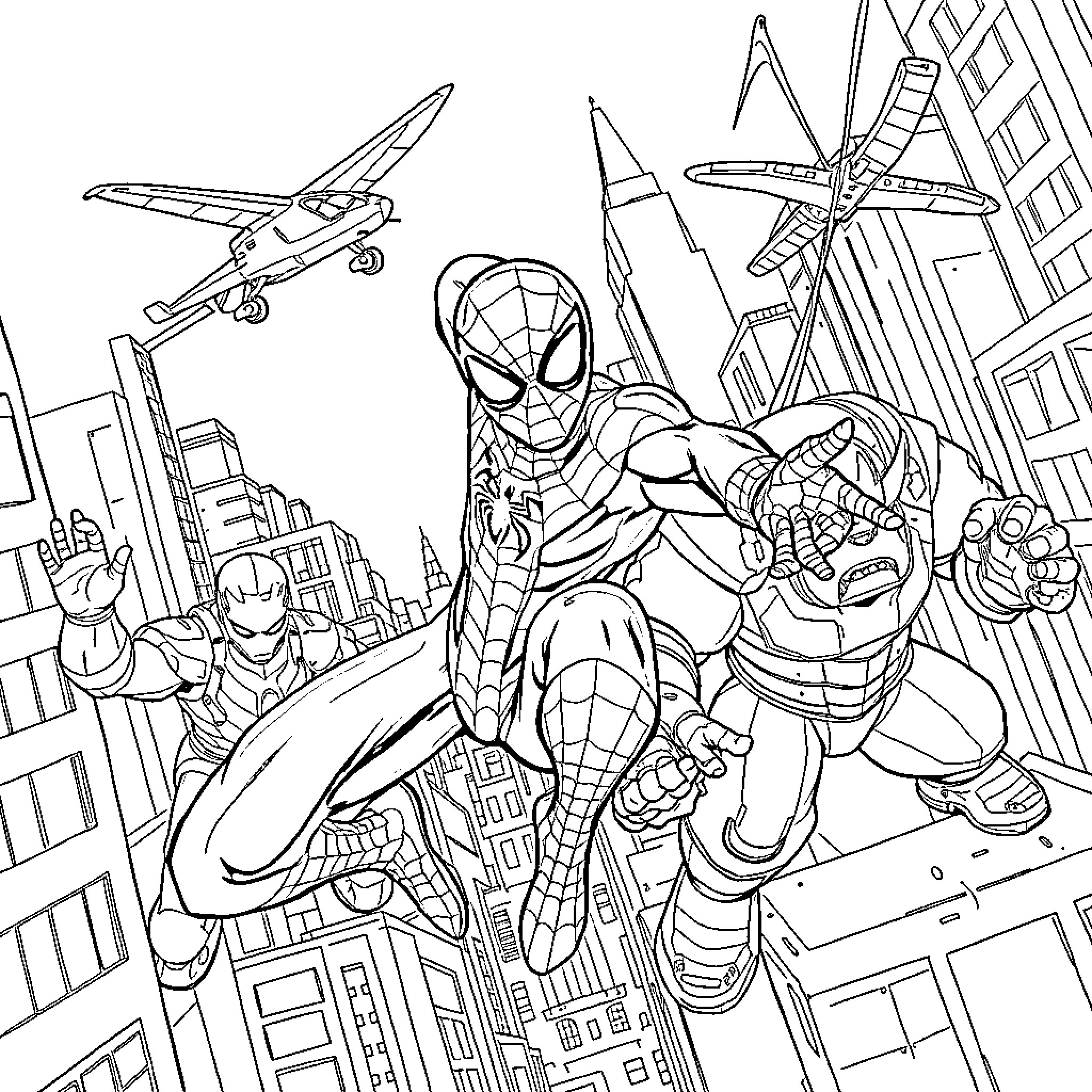 Spider-Man swinging through the city with action poses Coloring Page (free black-and-white line drawing printable PDF for all, from beginners to advanced learners, including children, teens, adults, and seniors)