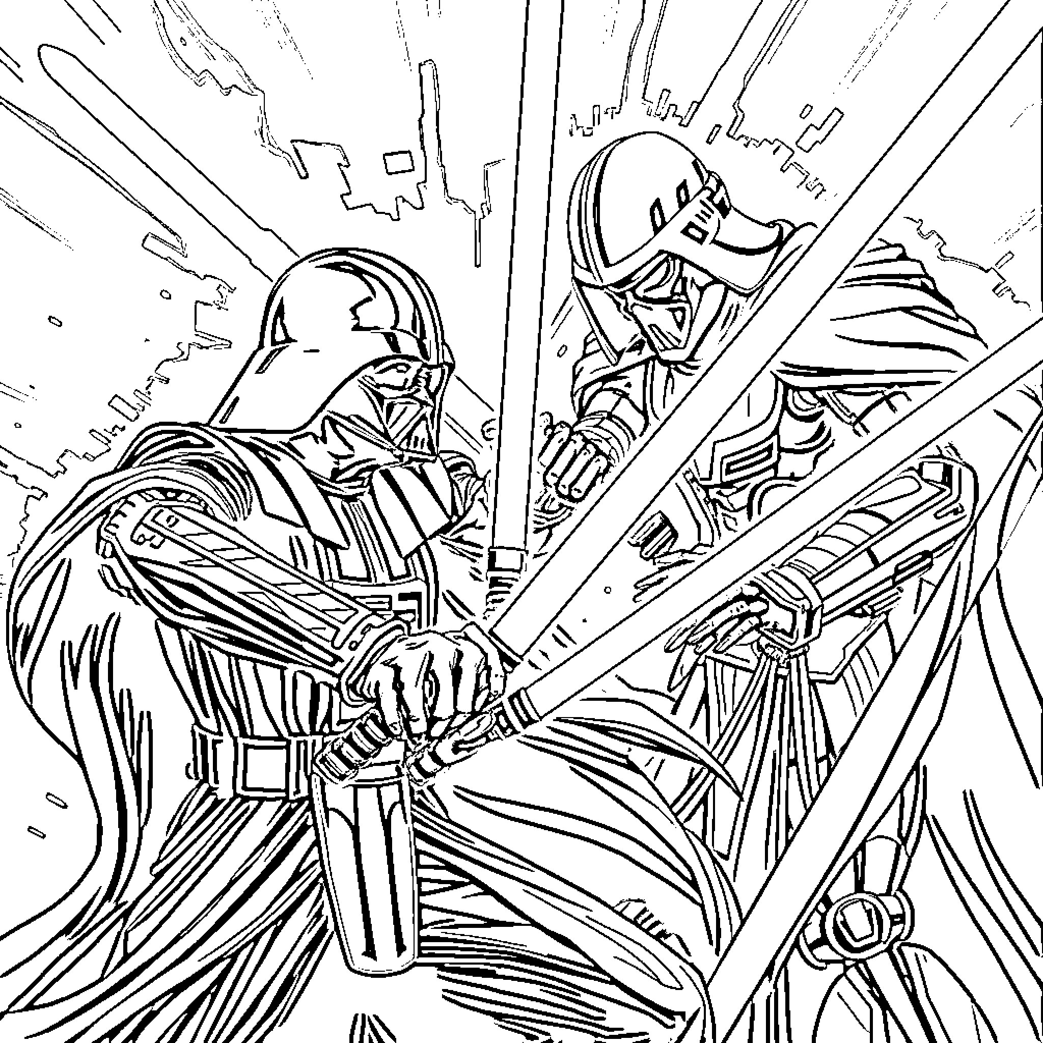 Darth Vader engaging in an intense lightsaber battle Coloring Page (free black-and-white line drawing printable PDF for all, from beginners to advanced learners, including children, teens, adults, and seniors)