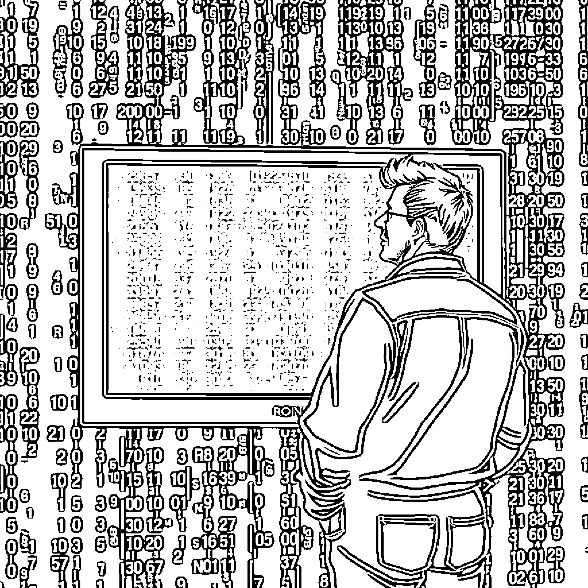 Charlie Kirk examining data on a computer screen Coloring Page (free black-and-white line drawing printable PDF for all, from beginners to advanced learners, including children, teens, adults, and seniors)