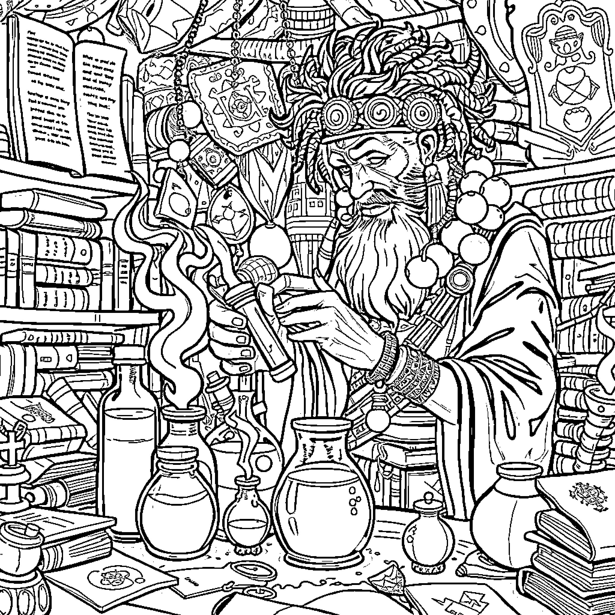 Shaman Performing Mystic Rituals in Enchanted Study Coloring Page (free black-and-white line drawing printable PDF for all, from beginners to advanced learners, including children, teens, adults, and seniors)