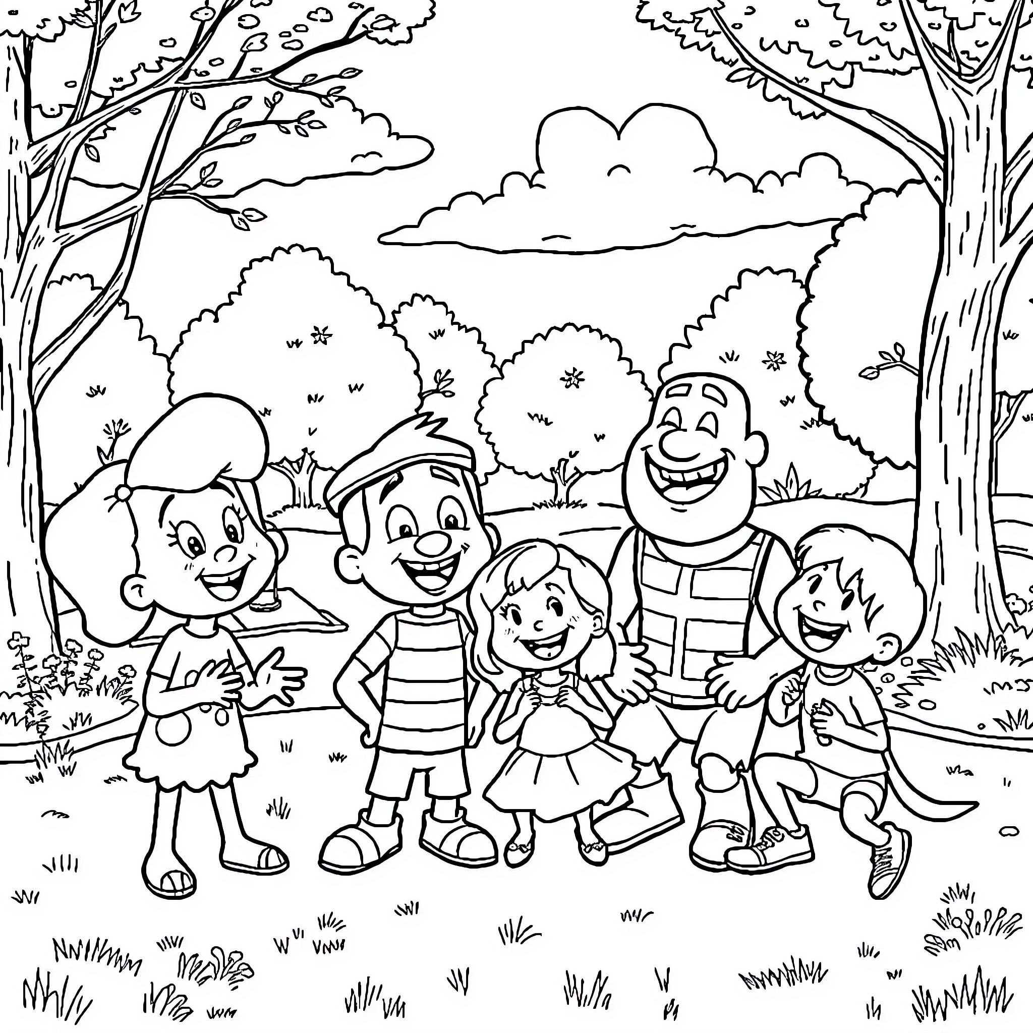 Blue's Clues Gang Enjoying a Day in the Park Coloring Page (free black-and-white line drawing printable PDF for all, from beginners to advanced learners, including children, teens, adults, and seniors)