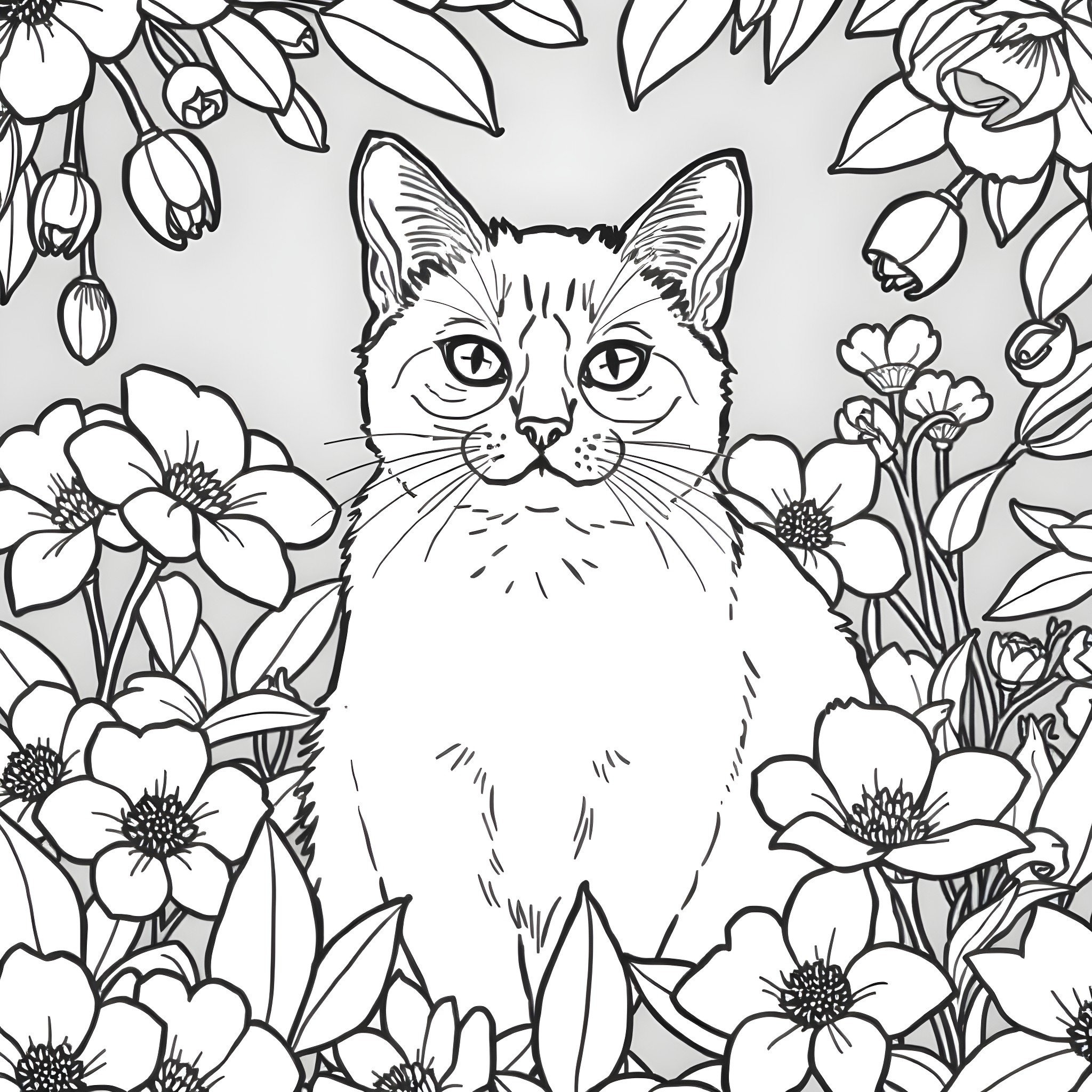 Siamese Cat surrounded by beautiful flowers Coloring Page (free black-and-white line drawing printable PDF for all, from beginners to advanced learners, including children, teens, adults, and seniors)