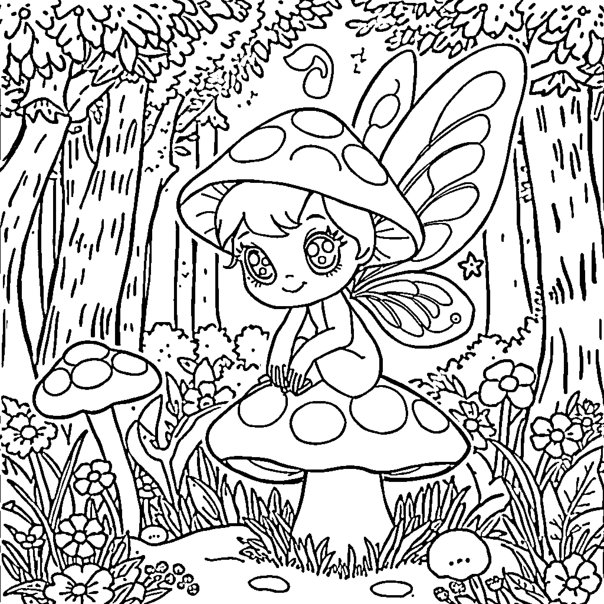 Mushroom fairy enjoying a whimsical forest scene Coloring Page (free black-and-white line drawing printable PDF for all, from beginners to advanced learners, including children, teens, adults, and seniors)