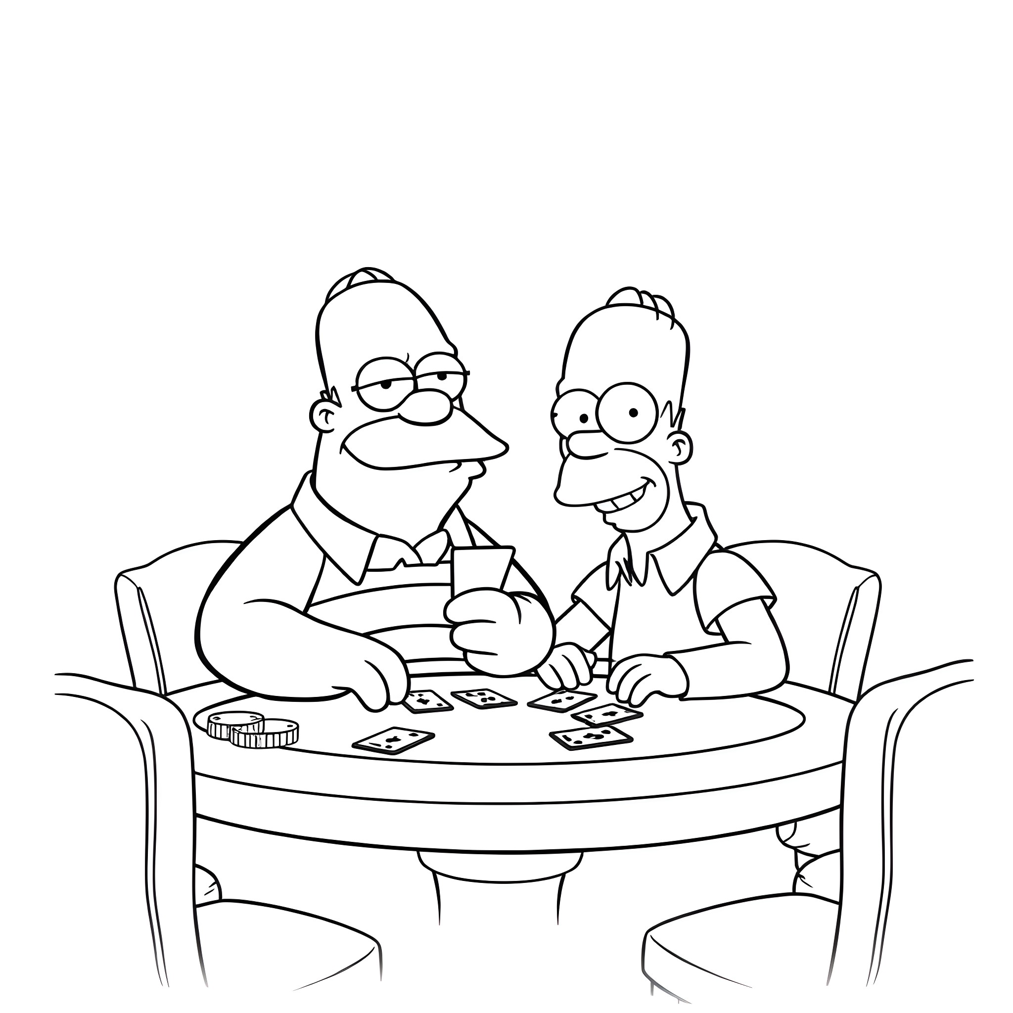 Peter Griffin and Homer Simpson playing poker at a table Coloring Page (free black-and-white line drawing printable PDF for all, from beginners to advanced learners, including children, teens, adults, and seniors)