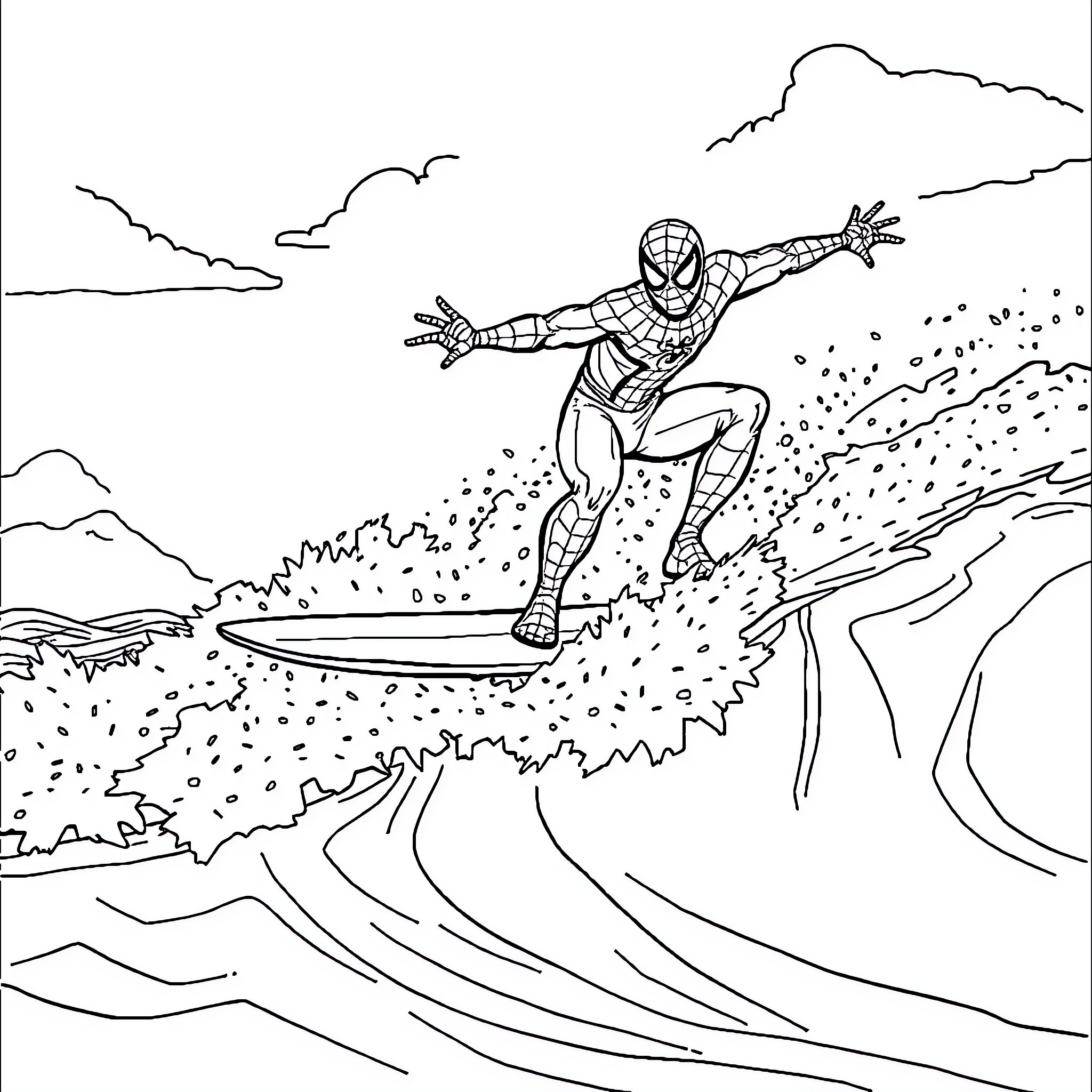 Spider-Man surfing through the waves Coloring Page (free black-and-white line drawing printable PDF for all, from beginners to advanced learners, including children, teens, adults, and seniors)