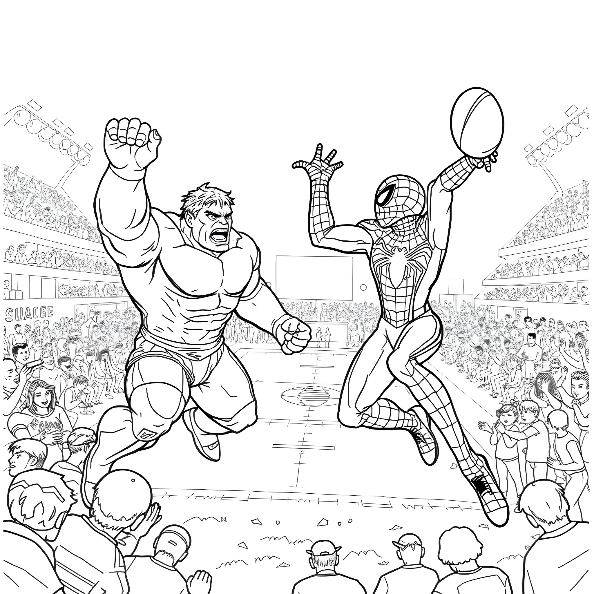 Spider-Man and Hulk Battling in the Arena Coloring Page (free black-and-white line drawing printable PDF for all, from beginners to advanced learners, including children, teens, adults, and seniors)