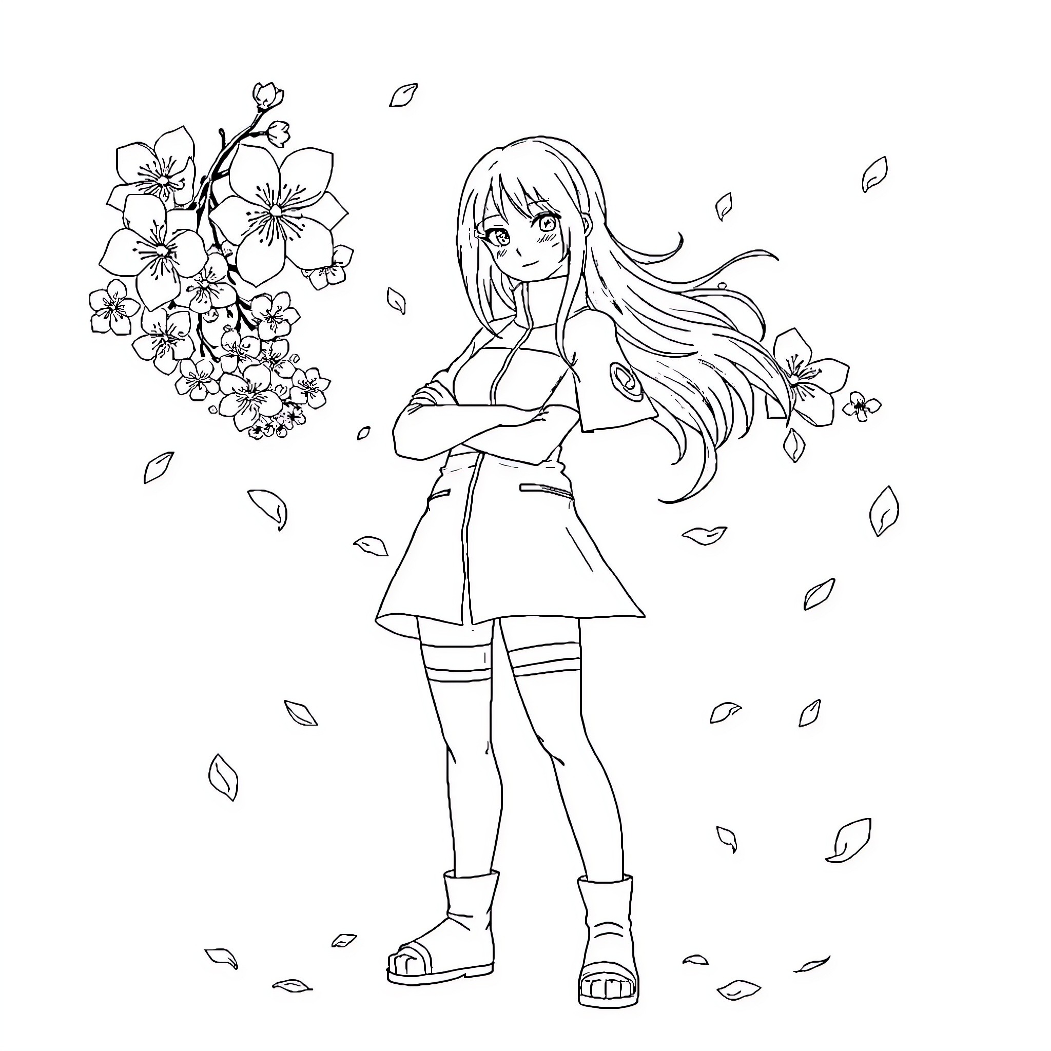 Sakura-themed Anime Girl in Spring Coloring Page (free black-and-white line drawing printable PDF for all, from beginners to advanced learners, including children, teens, adults, and seniors)