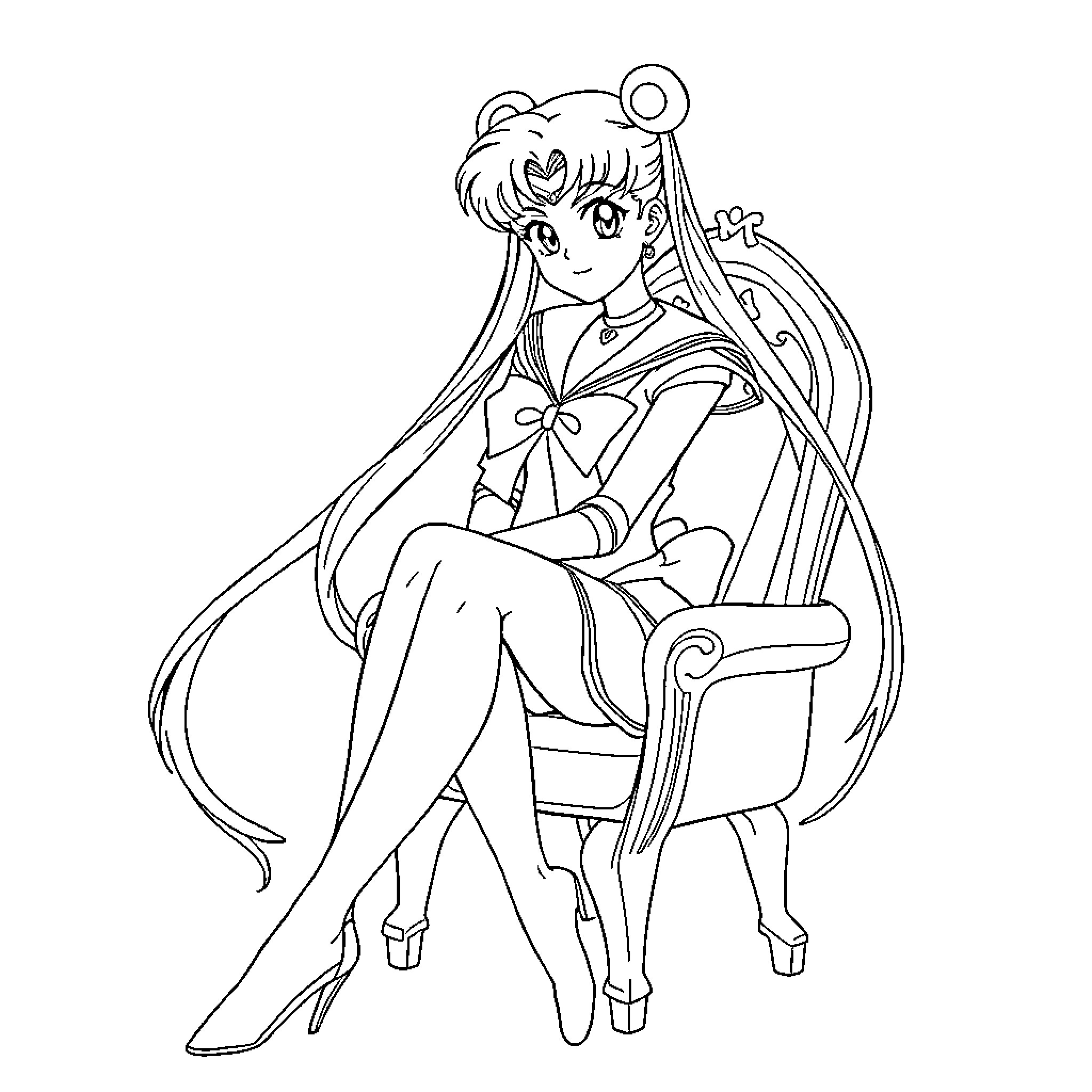 Sailor Moon sitting elegantly on a throne Coloring Page (free black-and-white line drawing printable PDF for all, from beginners to advanced learners, including children, teens, adults, and seniors)