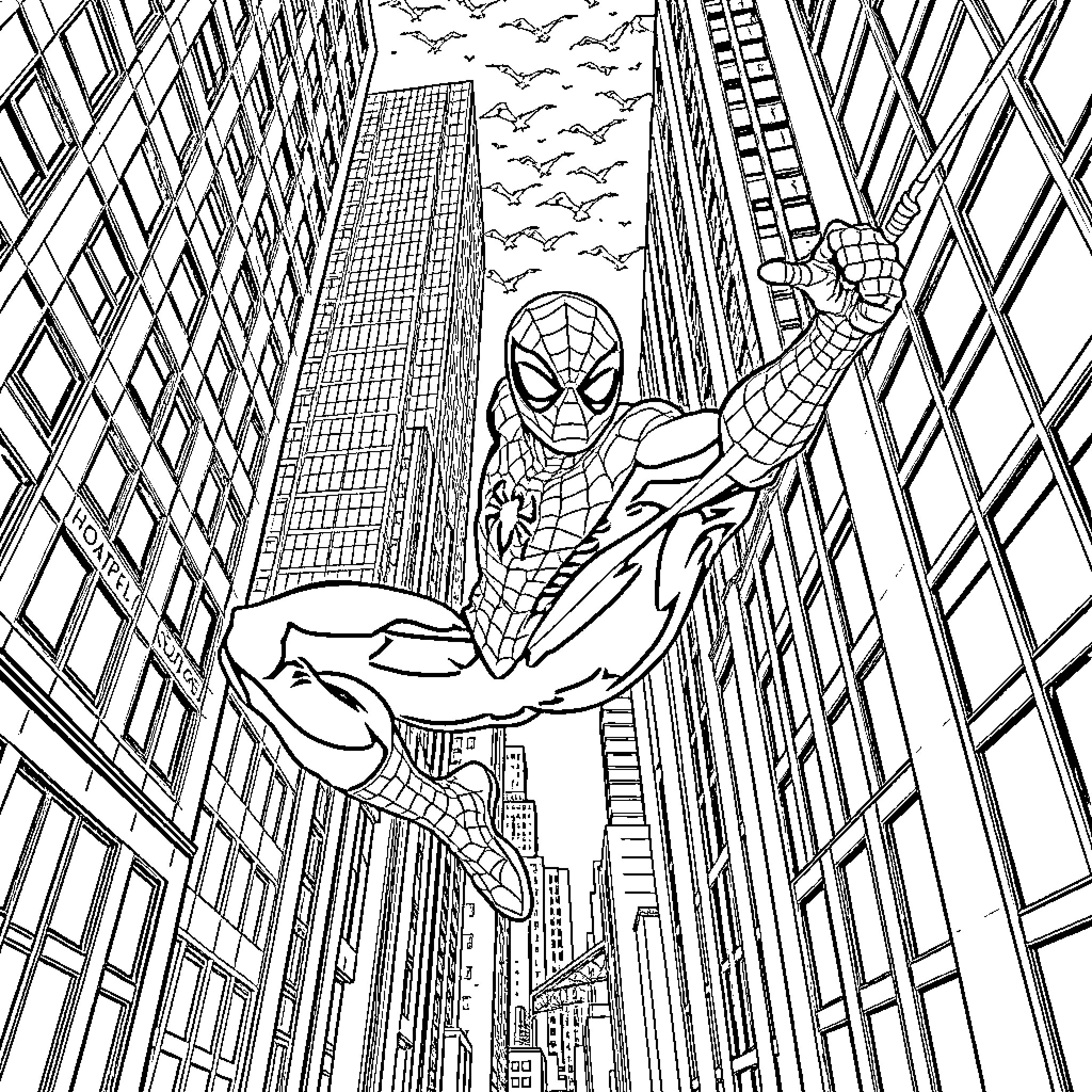 Spiderman swinging through the city skyline Coloring Page (free black-and-white line drawing printable PDF for all, from beginners to advanced learners, including children, teens, adults, and seniors)