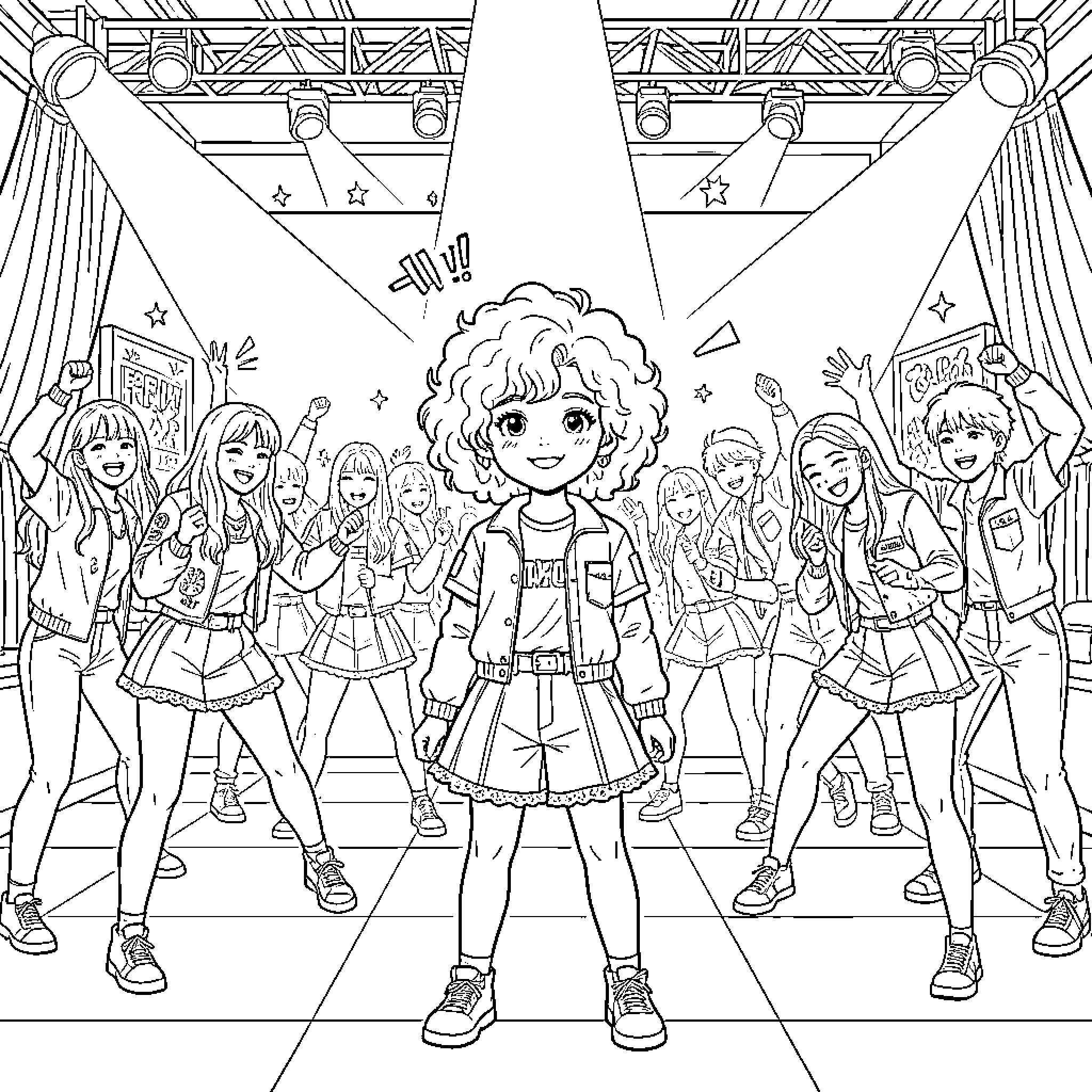 Marilou performing a joyful dance on a stage Coloring Page (free black-and-white line drawing printable PDF for all, from beginners to advanced learners, including children, teens, adults, and seniors)