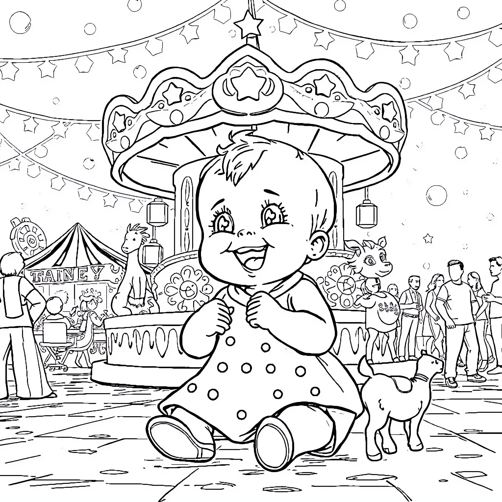 Baby Saja's Magical Carnival Adventure Coloring Page (free black-and-white line drawing printable PDF for all, from beginners to advanced learners, including children, teens, adults, and seniors)