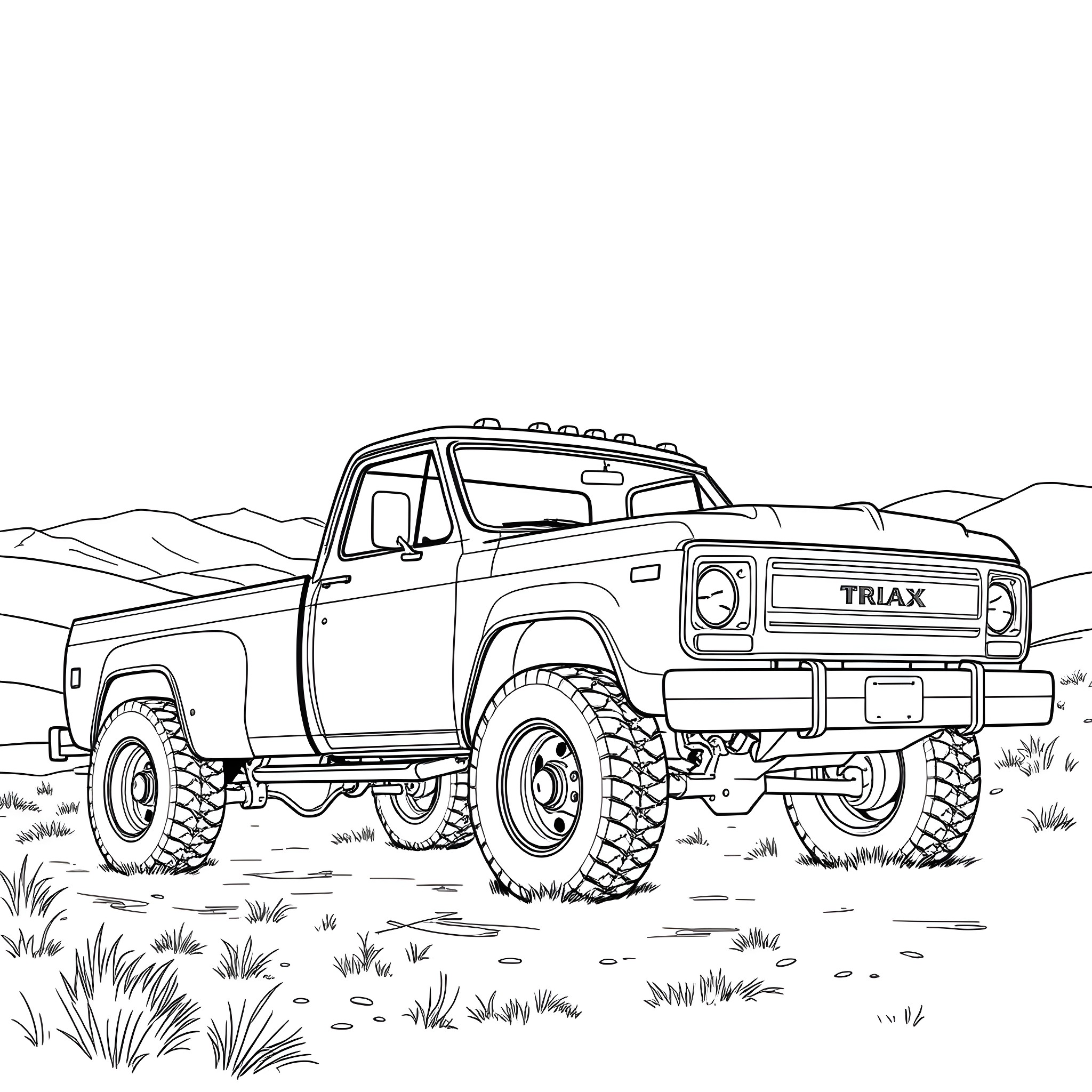 Truck off-roading in the wilderness Coloring Page (free black-and-white line drawing printable PDF for all, from beginners to advanced learners, including children, teens, adults, and seniors)