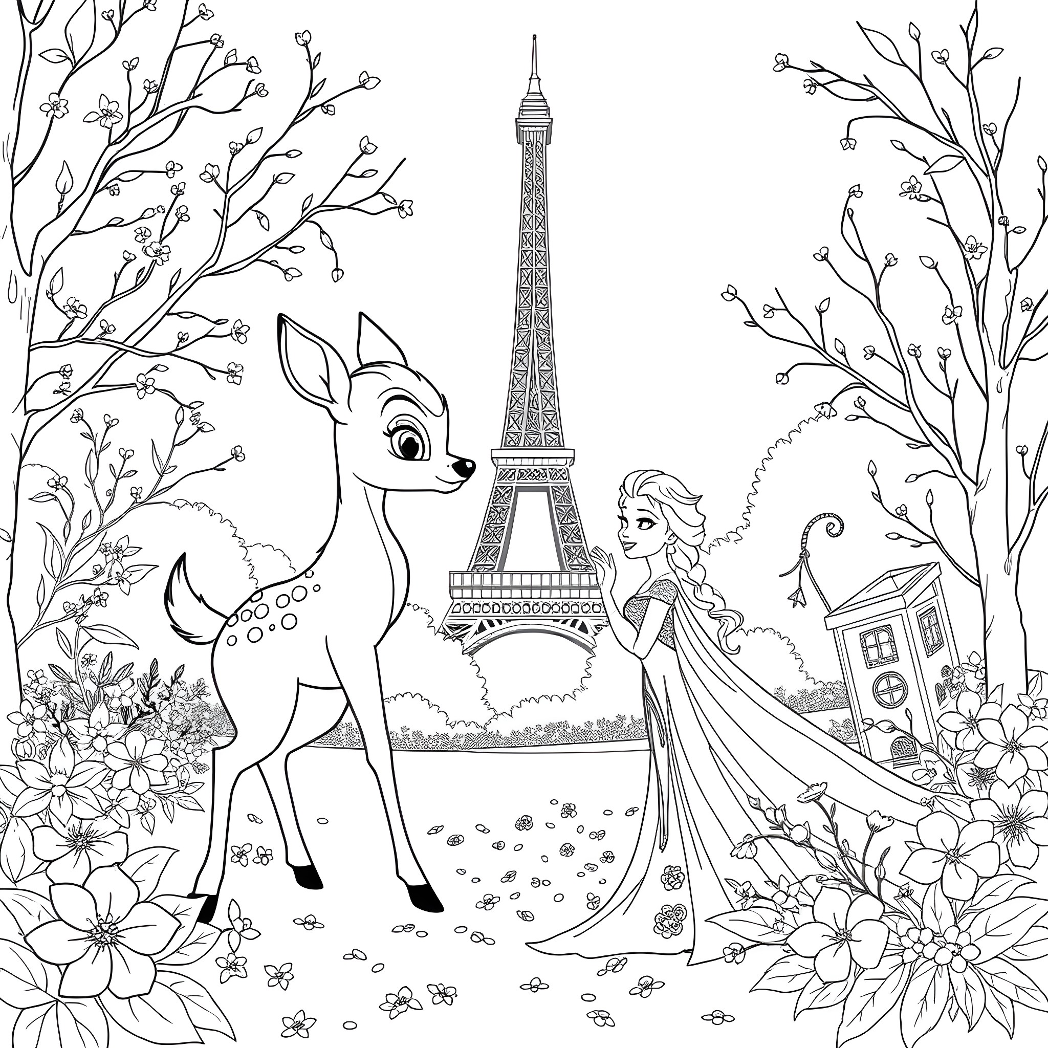 Bambi exploring the enchanting Parisian landscape with Elsa Coloring Page (free black-and-white line drawing printable PDF for all, from beginners to advanced learners, including children, teens, adults, and seniors)