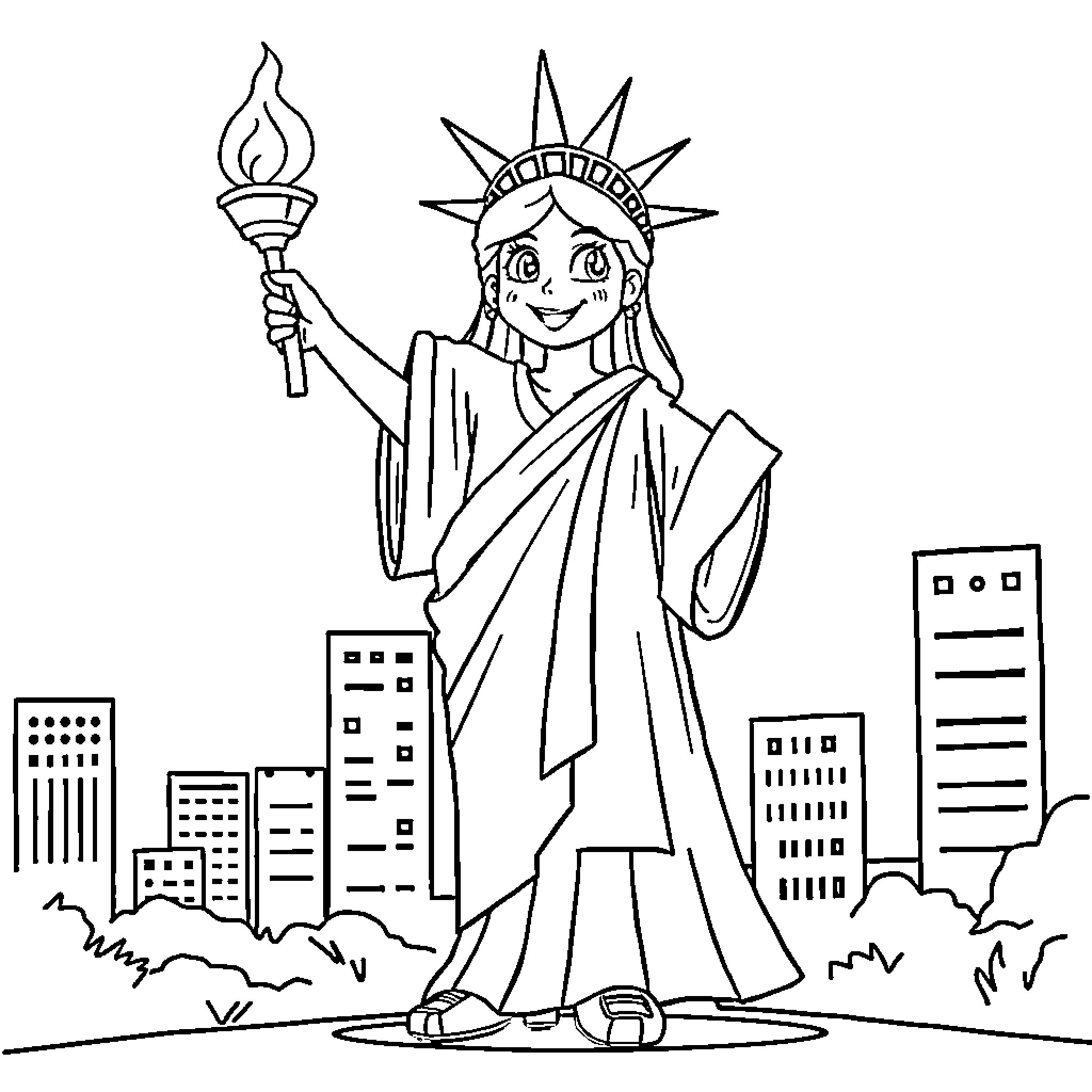Bingo - Statue of Liberty holding a torch Coloring Page (free black-and-white line drawing printable PDF for all, from beginners to advanced learners, including children, teens, adults, and seniors)