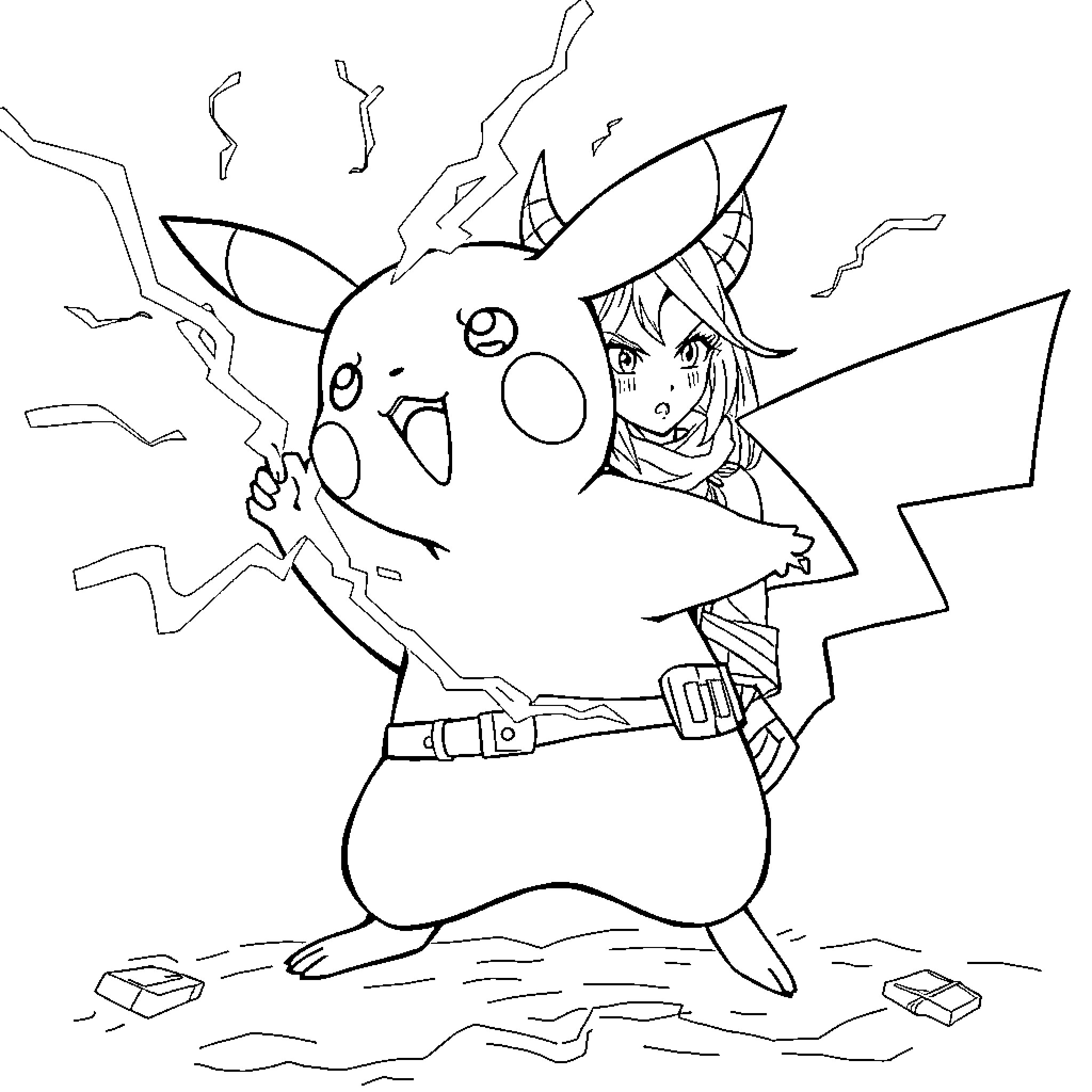 Pikachu in a dynamic adventure pose Coloring Page (free black-and-white line drawing printable PDF for all, from beginners to advanced learners, including children, teens, adults, and seniors)