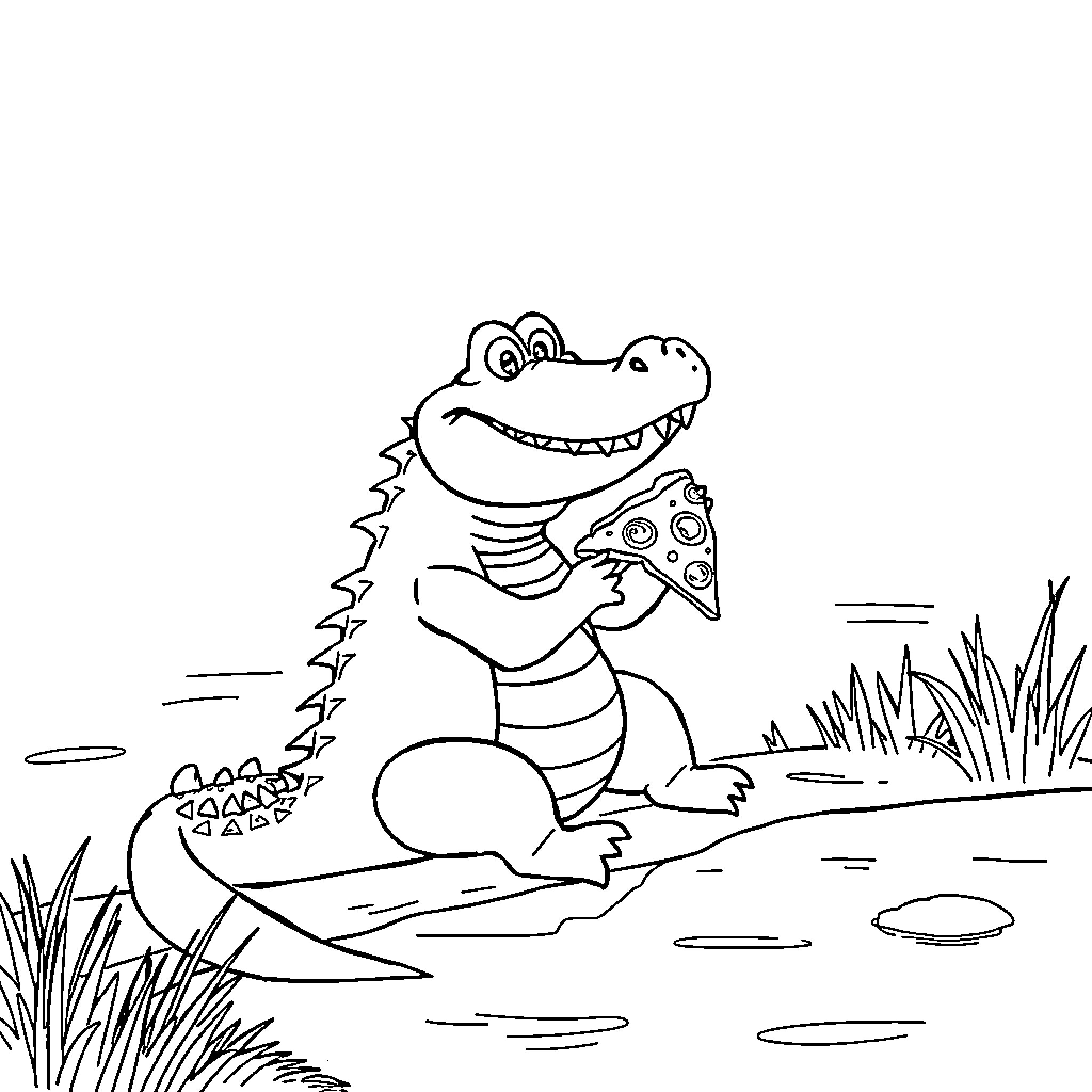 Crocodile enjoying a tasty pizza in the swamp Coloring Page (free black-and-white line drawing printable PDF for all, from beginners to advanced learners, including children, teens, adults, and seniors)
