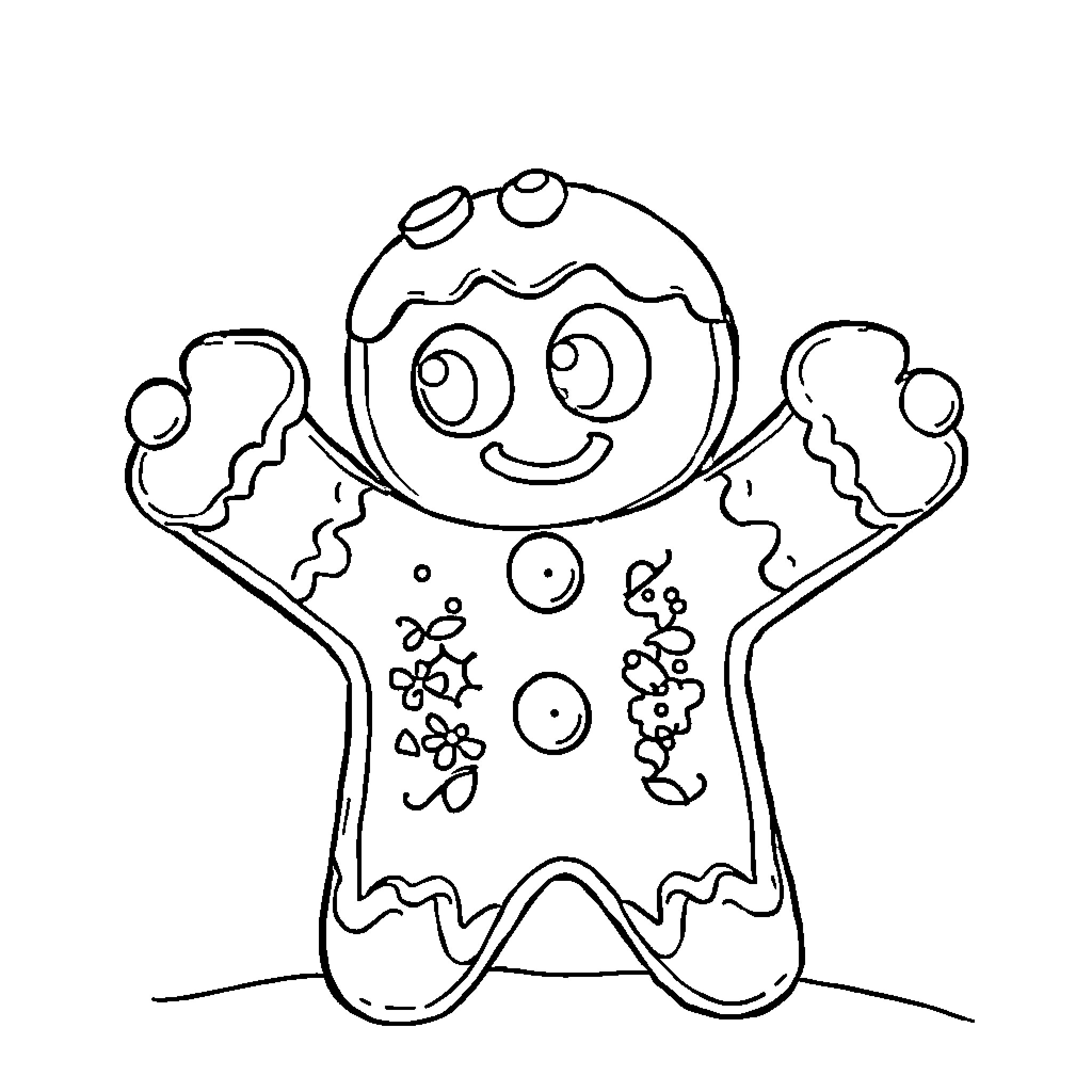 Gingerbread Man waving and smiling joyfully Coloring Page (free black-and-white line drawing printable PDF for all, from beginners to advanced learners, including children, teens, adults, and seniors)