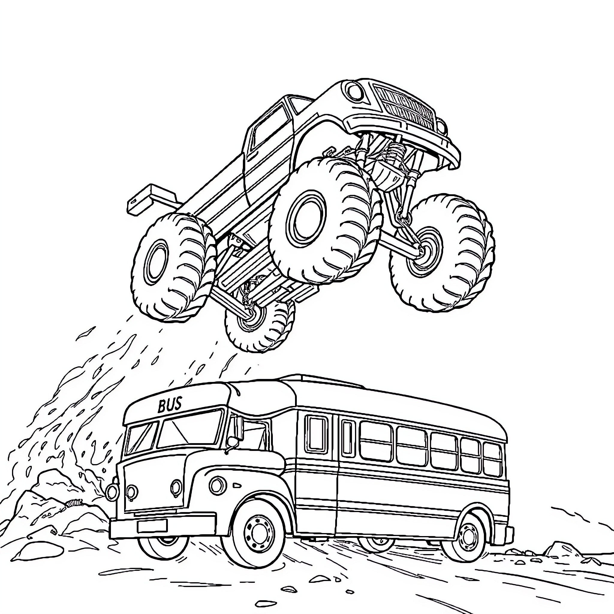 Monster Truck jumping over a school bus Coloring Page (free black-and-white line drawing printable PDF for all, from beginners to advanced learners, including children, teens, adults, and seniors)