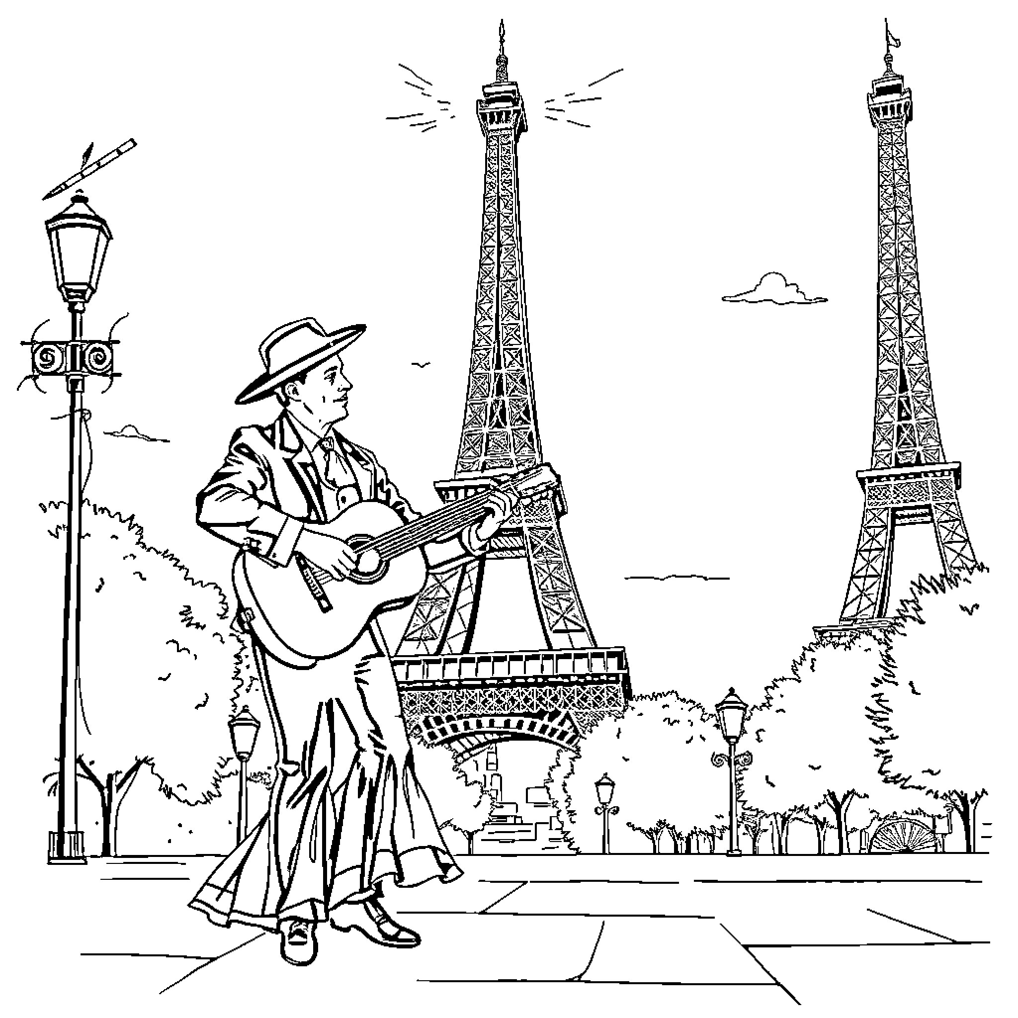 Gitano musician performing by the Eiffel Tower Coloring Page (free black-and-white line drawing printable PDF for all, from beginners to advanced learners, including children, teens, adults, and seniors)
