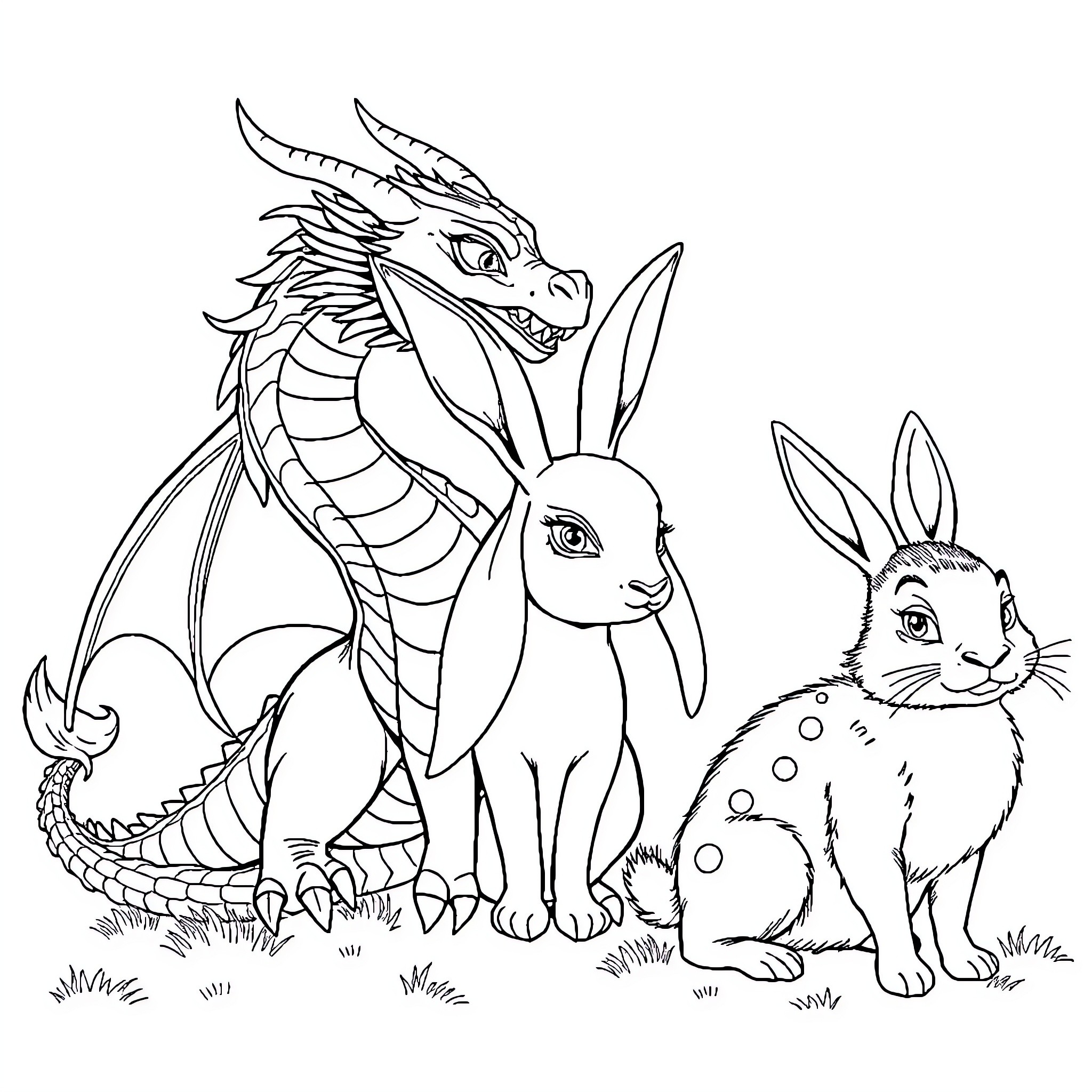 Dragon and other mythical creatures in nature Coloring Page (free black-and-white line drawing printable PDF for all, from beginners to advanced learners, including children, teens, adults, and seniors)