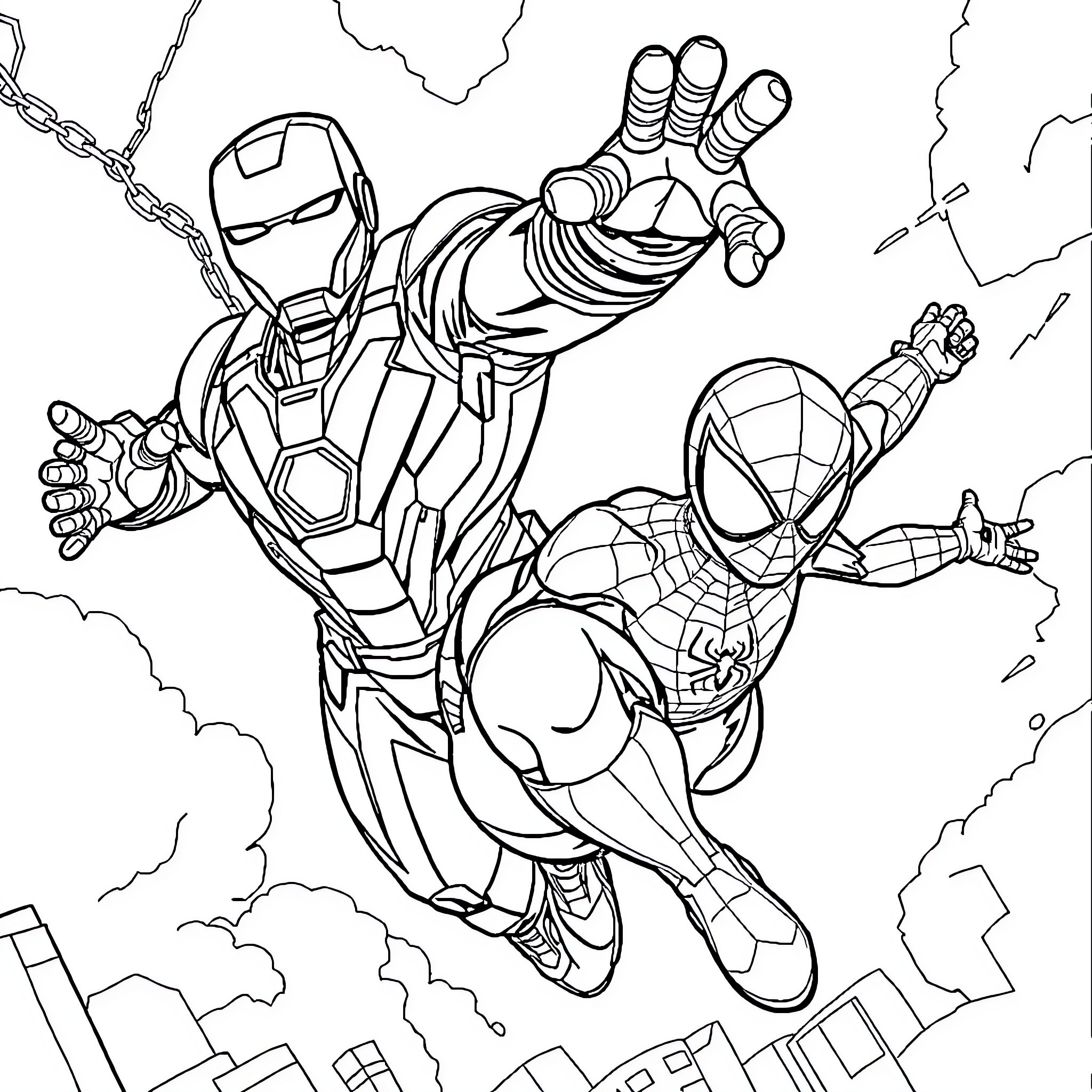 Iron Man and Spider-Man in heroic action poses Coloring Page (free black-and-white line drawing printable PDF for all, from beginners to advanced learners, including children, teens, adults, and seniors)