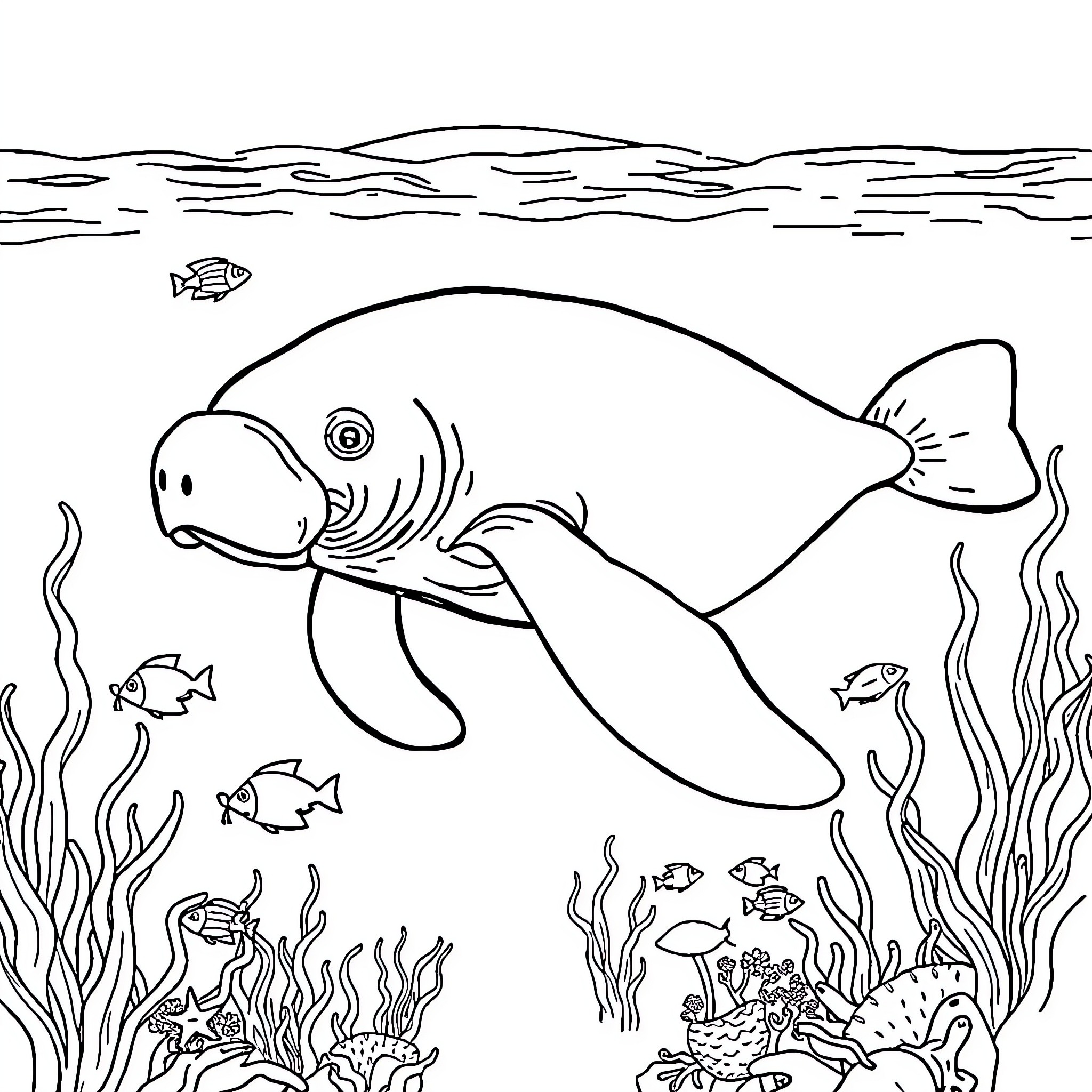 Manatee swimming gracefully in the underwater seascape Coloring Page (free black-and-white line drawing printable PDF for all, from beginners to advanced learners, including children, teens, adults, and seniors)