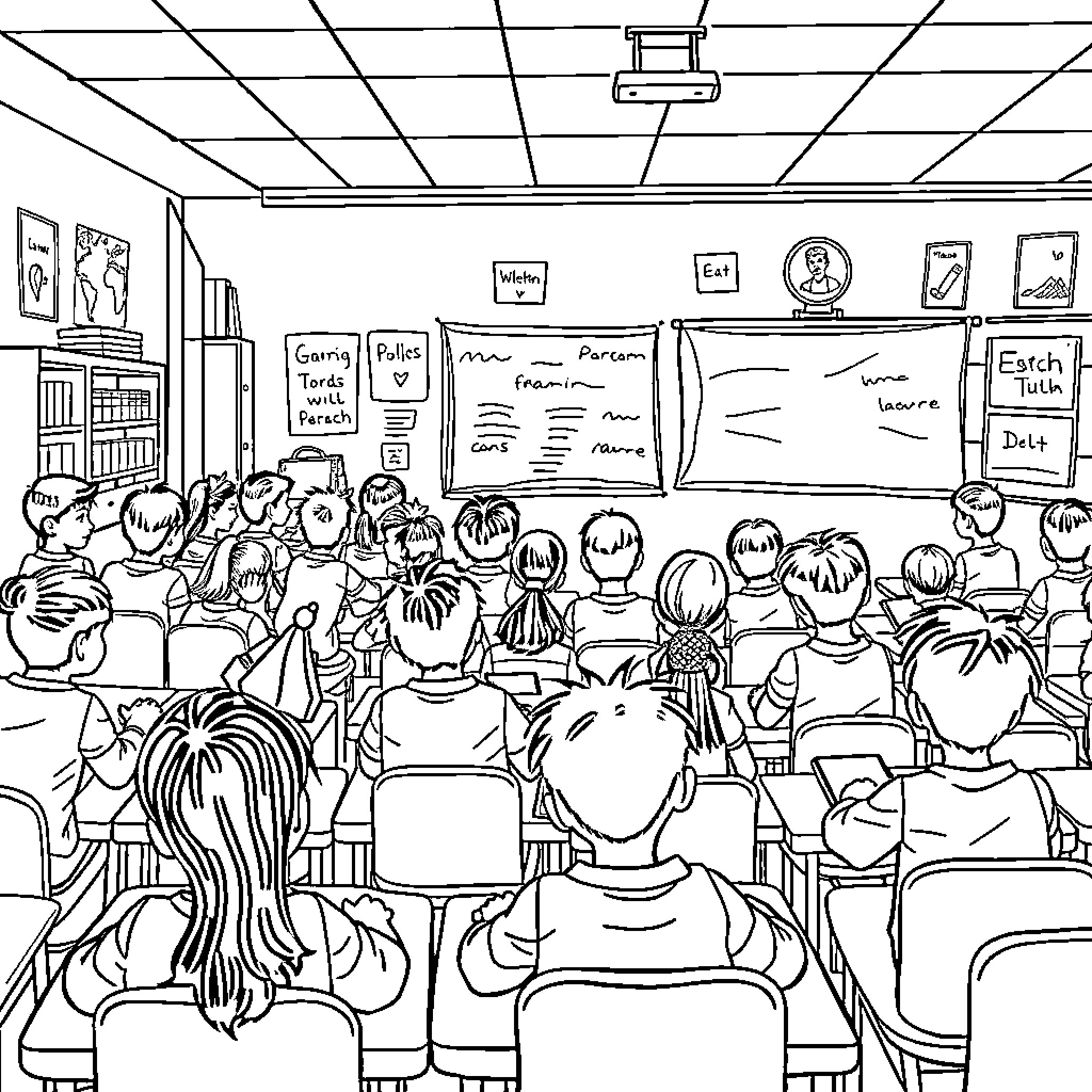 Classroom full of students engaged in learning Coloring Page (free black-and-white line drawing printable PDF for all, from beginners to advanced learners, including children, teens, adults, and seniors)