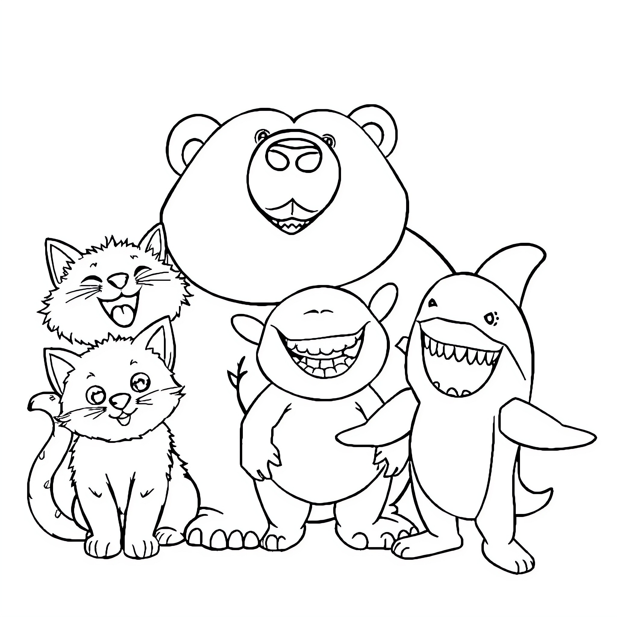 Mascot animals in playful expressions Coloring Page (free black-and-white line drawing printable PDF for all, from beginners to advanced learners, including children, teens, adults, and seniors)