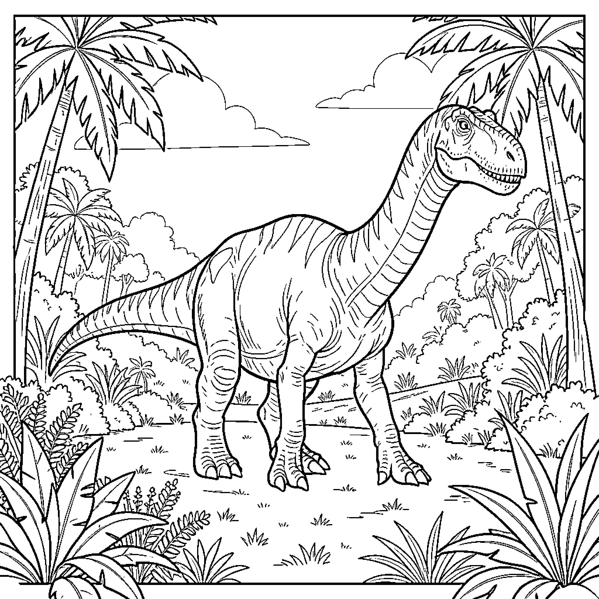 Argentinasaurus exploring lush prehistoric landscape Coloring Page (free black-and-white line drawing printable PDF for all, from beginners to advanced learners, including children, teens, adults, and seniors)
