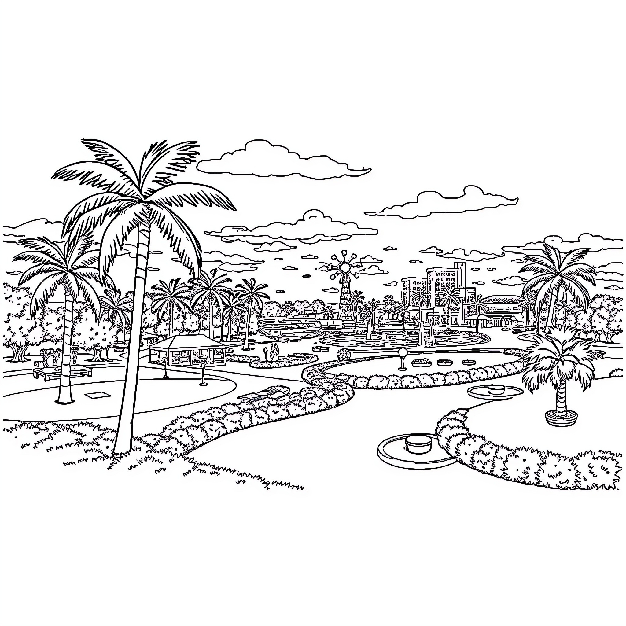 Port St. Lucie Scenic Tropical Landscape with Palm Trees Coloring Page (free black-and-white line drawing printable PDF for all, from beginners to advanced learners, including children, teens, adults, and seniors)