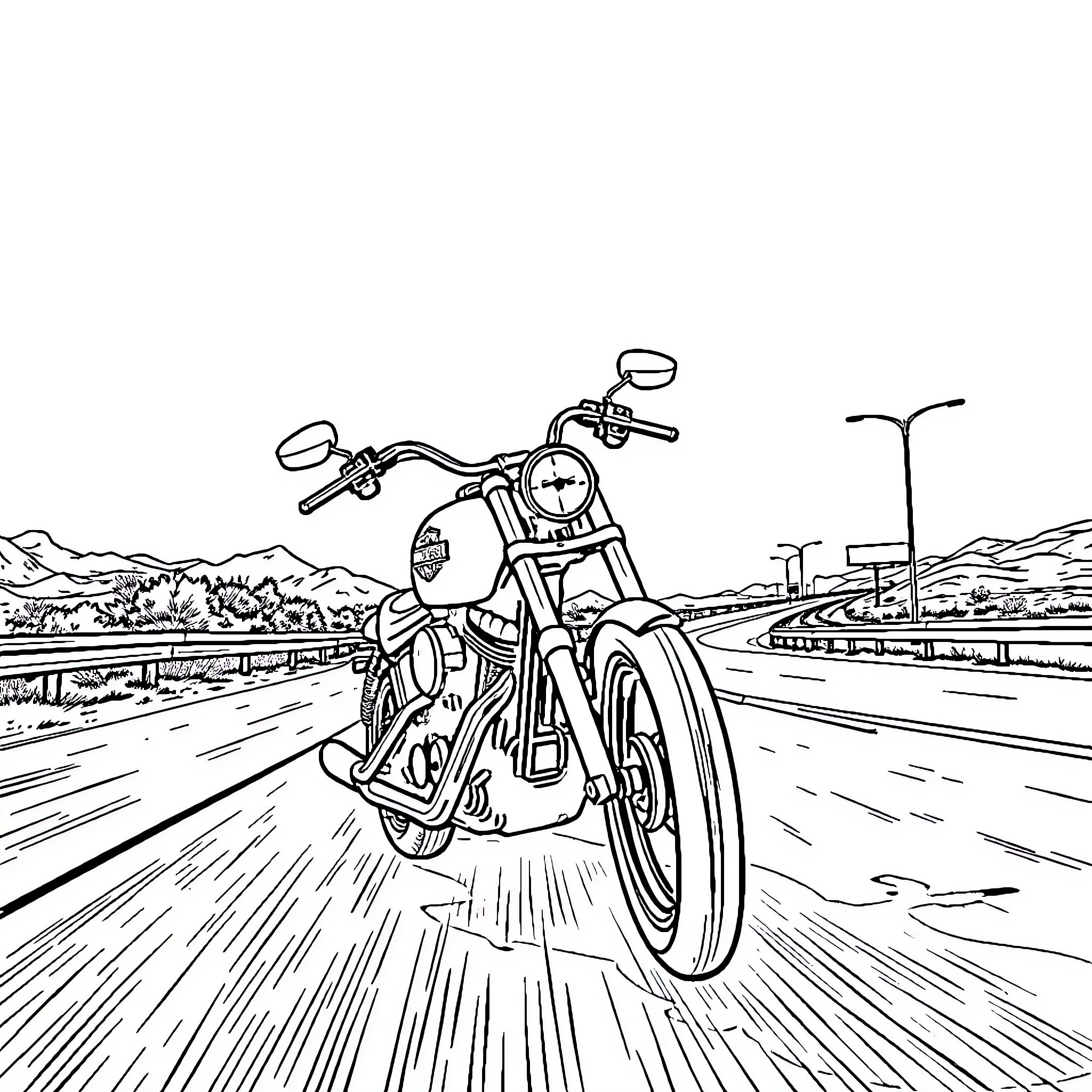 Motorcycle speeding through the city Coloring Page (free black-and-white line drawing printable PDF for all, from beginners to advanced learners, including children, teens, adults, and seniors)